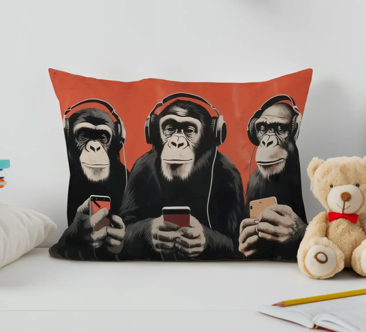 Tre scimmie con cuffie e smartphone in stile Banksy cuscino da Autofocus