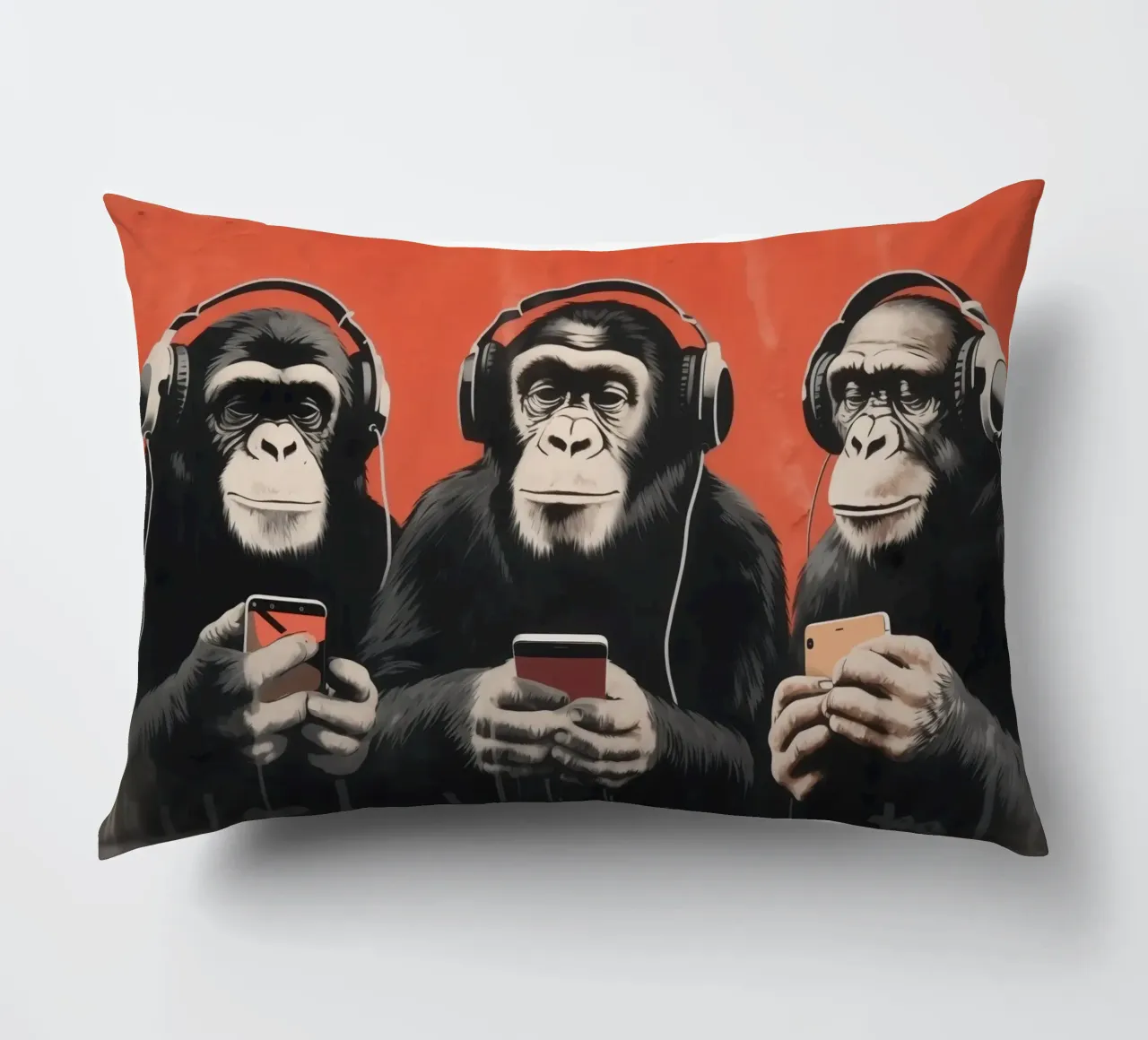 Tre scimmie con cuffie e smartphone in stile Banksy cuscino da Autofocus