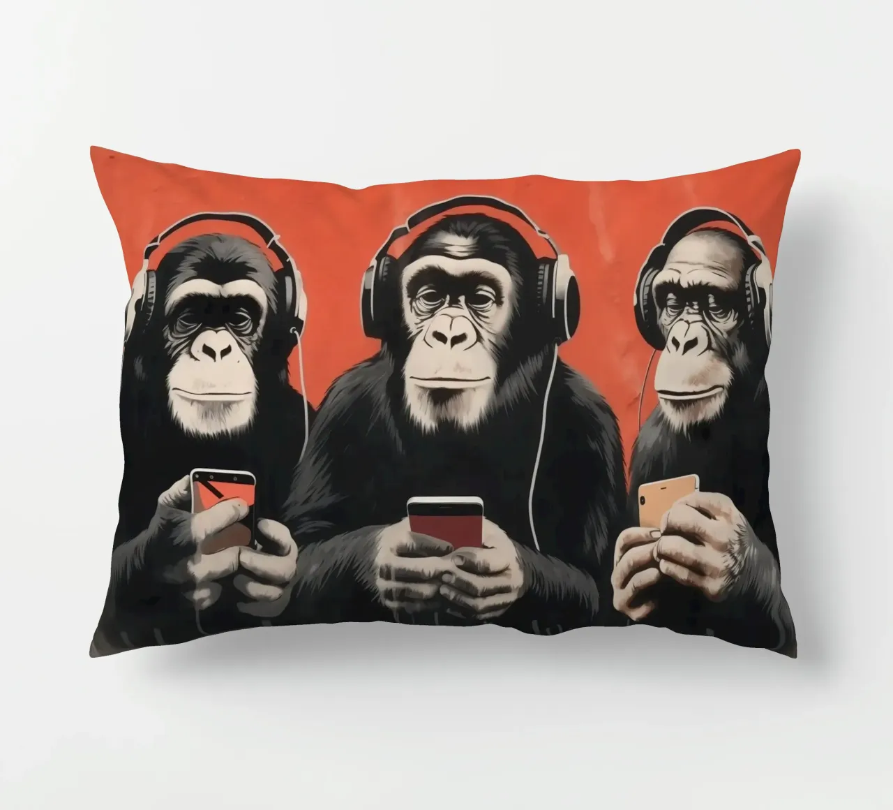 Tre scimmie con cuffie e smartphone in stile Banksy cuscino da Autofocus