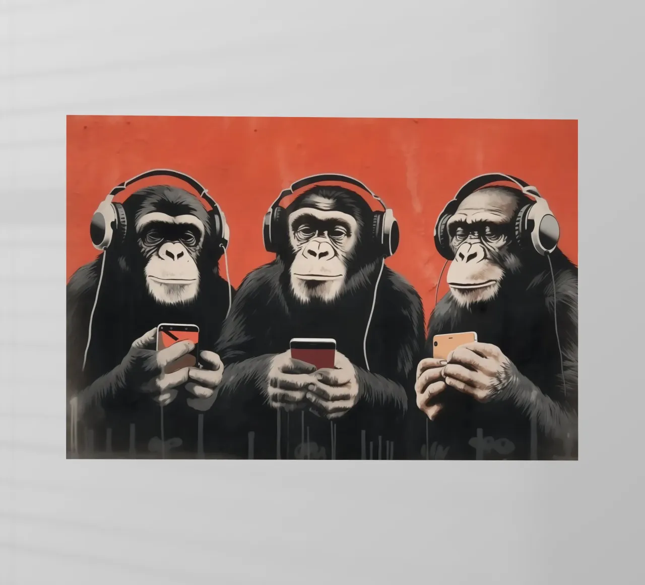 Tre scimmie con cuffie e smartphone in stile Banksy pellicola backlit da Autofocus