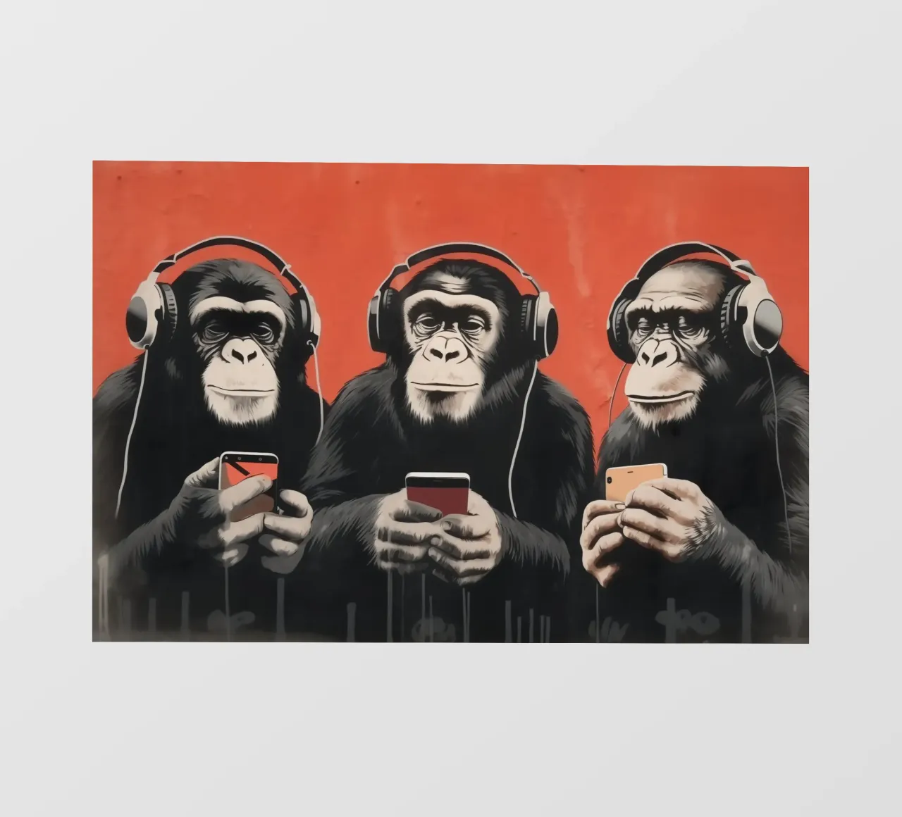 Tre scimmie con cuffie e smartphone in stile Banksy pellicola backlit da Autofocus