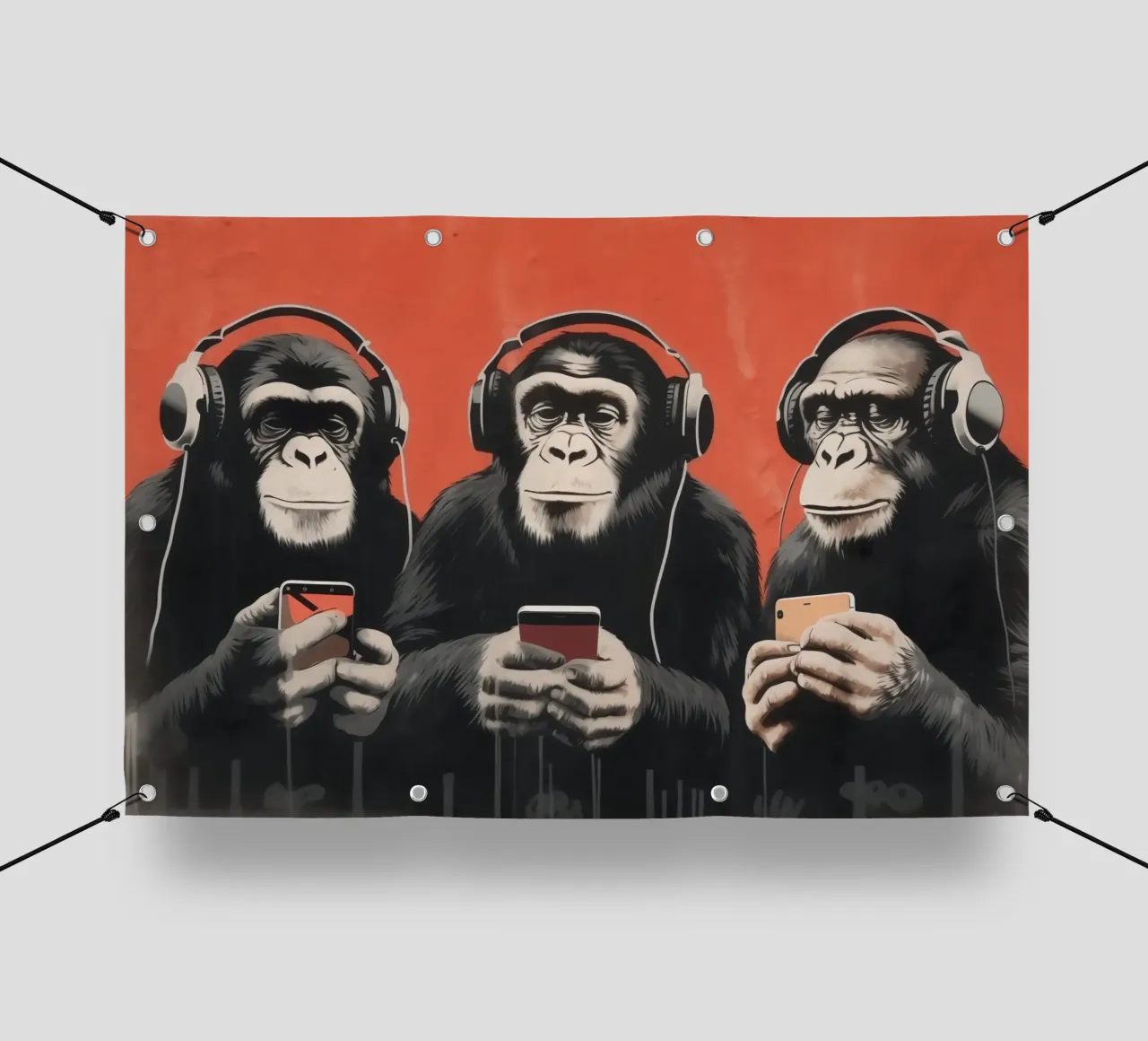 Tre scimmie con cuffie e smartphone in stile Banksy telo in pvc da Autofocus