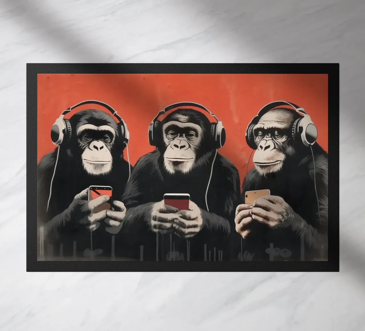 Tre scimmie con cuffie e smartphone in stile Banksy zerbino da Autofocus