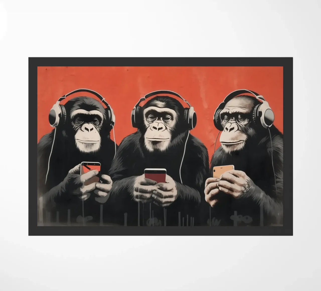 Tre scimmie con cuffie e smartphone in stile Banksy zerbino da Autofocus