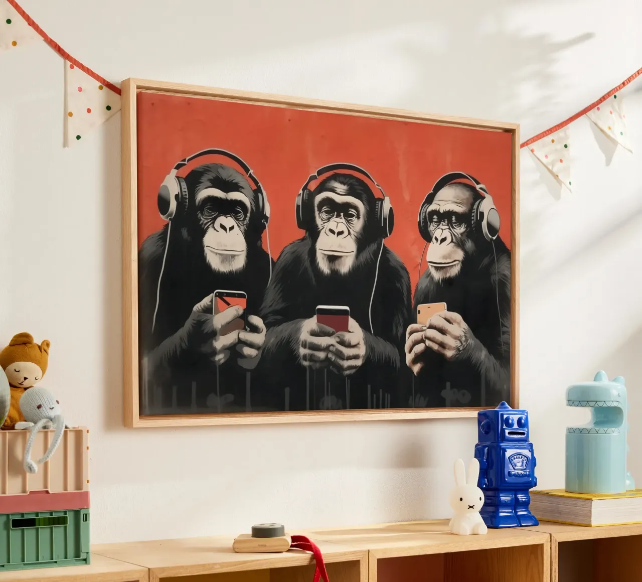 Tre scimmie con cuffie e smartphone in stile Banksy tela con Cornice a cassetta da Autofocus