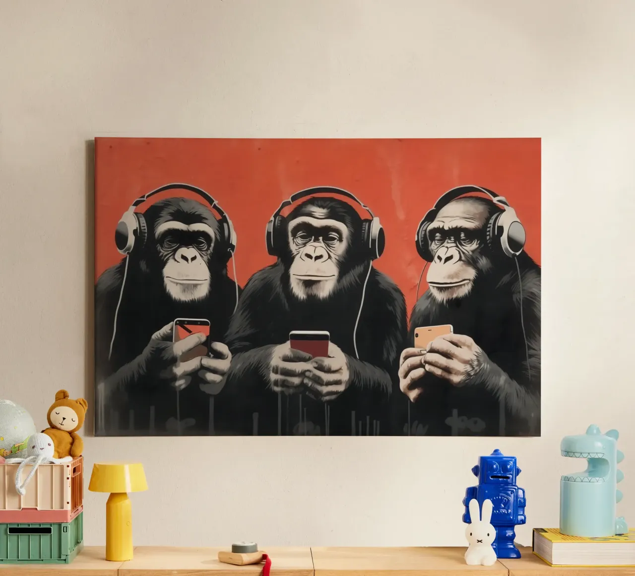 Tre scimmie con cuffie e smartphone in stile Banksy tela con Cornice a cassetta da Autofocus