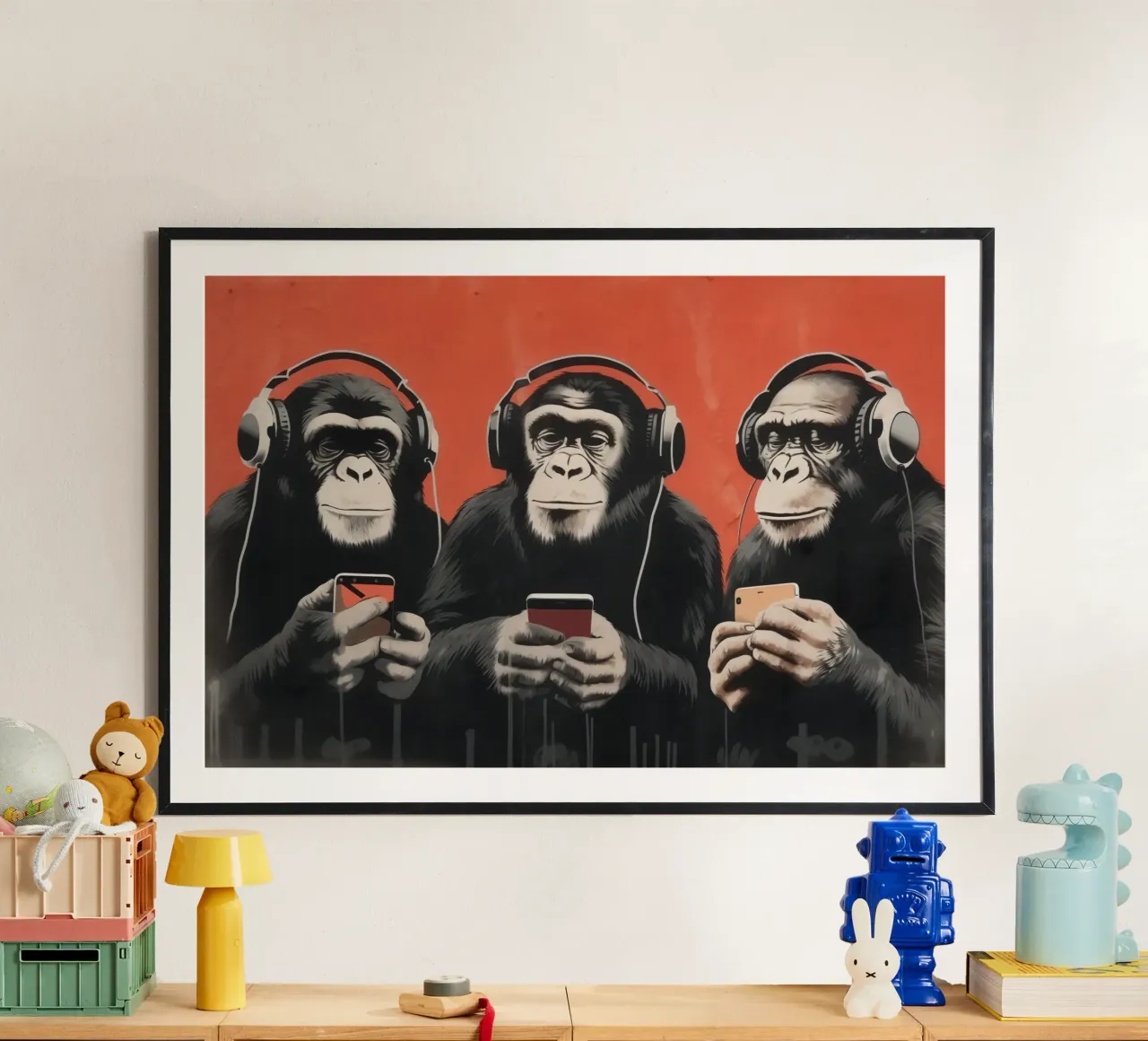 Tre scimmie con cuffie e smartphone in stile Banksy poster con telaio in legno da Autofocus