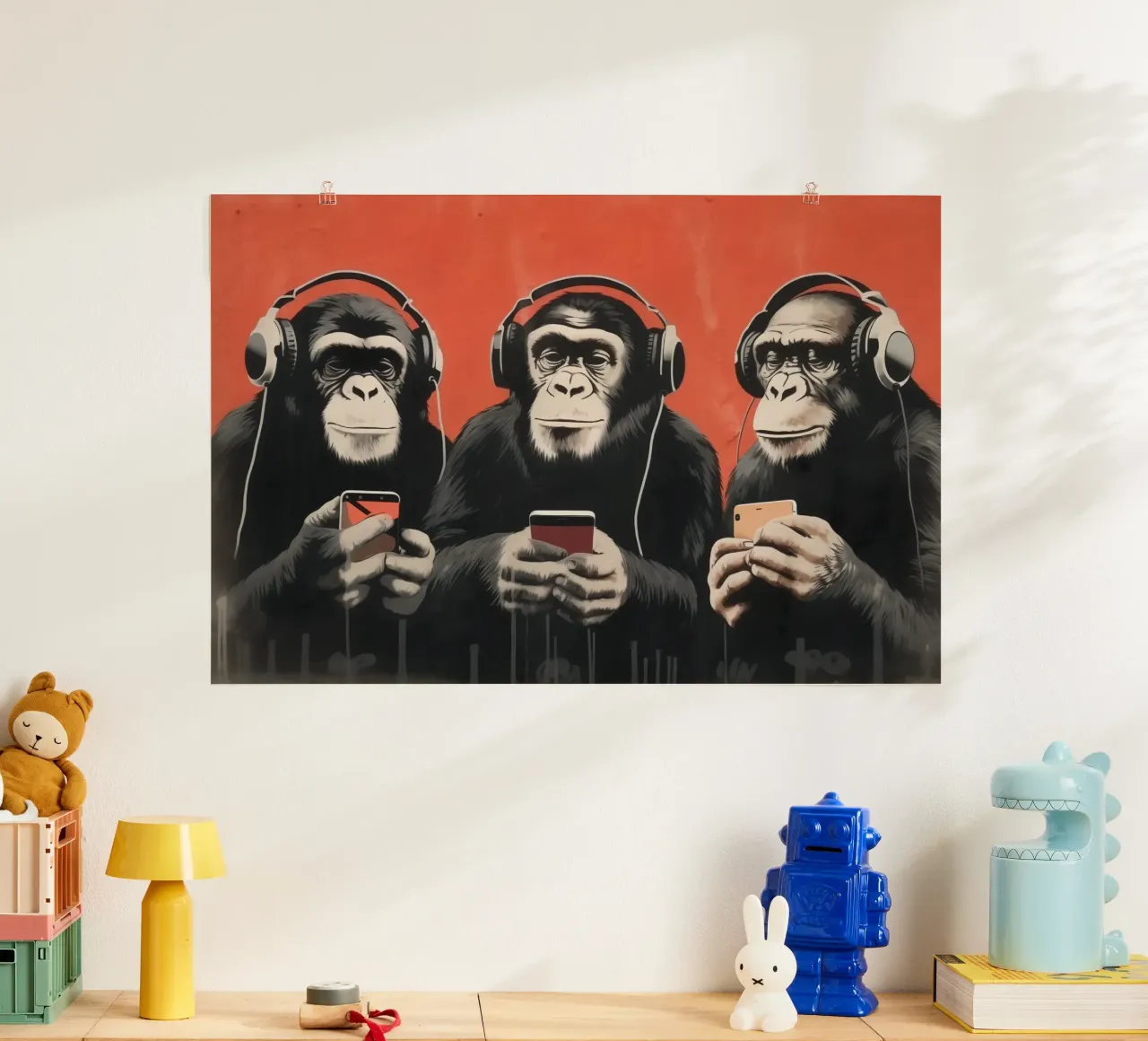 Tre scimmie con cuffie e smartphone in stile Banksy poster con telaio in legno da Autofocus
