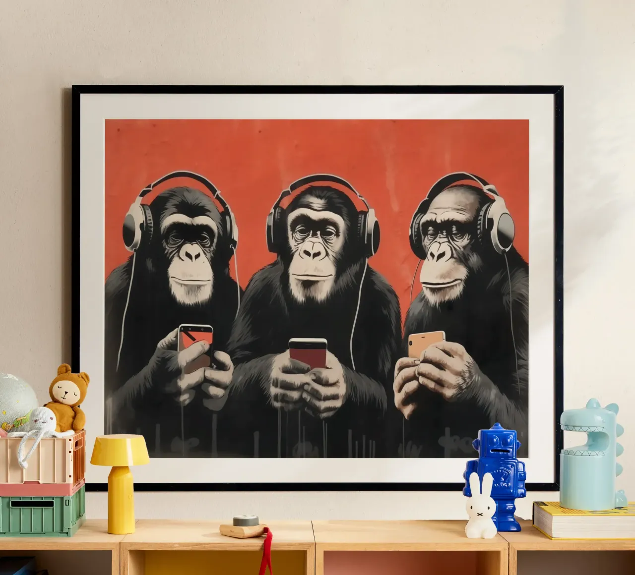 Tre scimmie con cuffie e smartphone in stile Banksy poster con telaio in legno da Autofocus