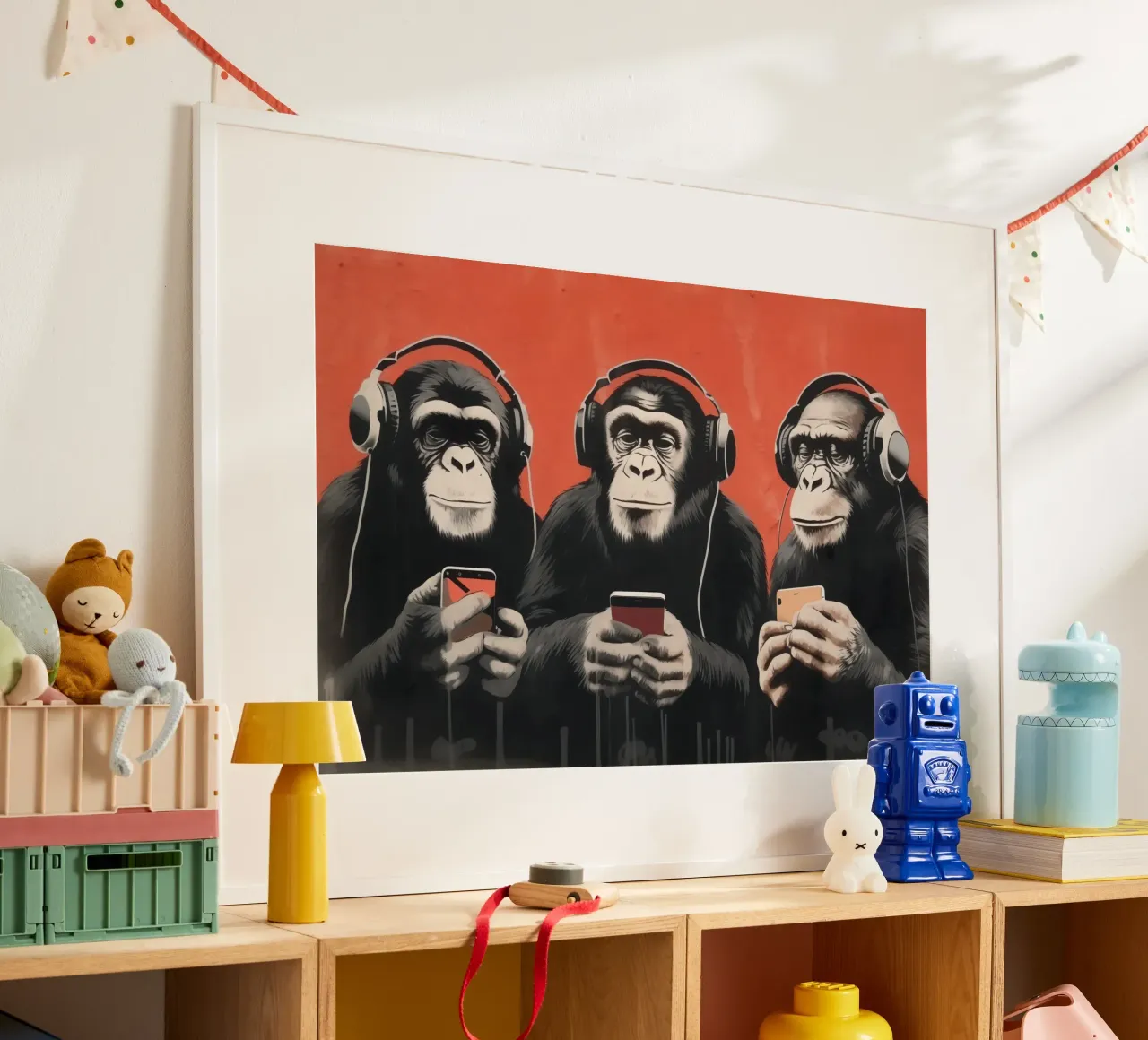 Tre scimmie con cuffie e smartphone in stile Banksy poster con telaio in legno da Autofocus