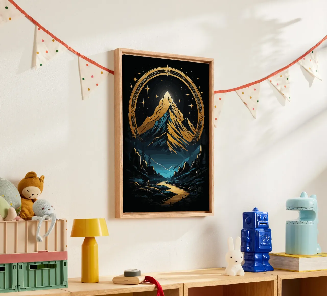 Gouden berglandschap met hemelkader canvas met Baklijst van LM2KONE