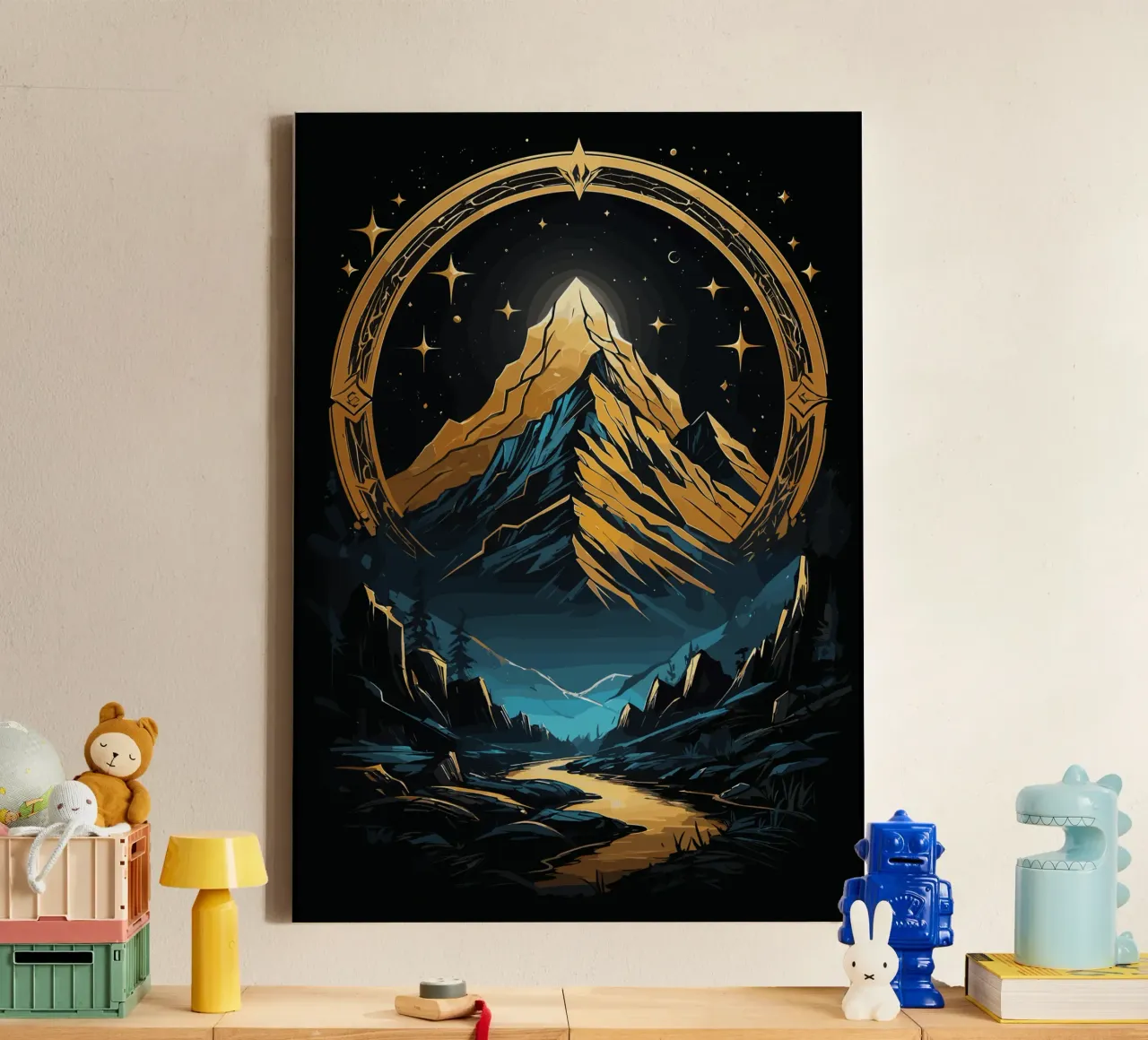 Gouden berglandschap met hemelkader canvas met Baklijst van LM2KONE