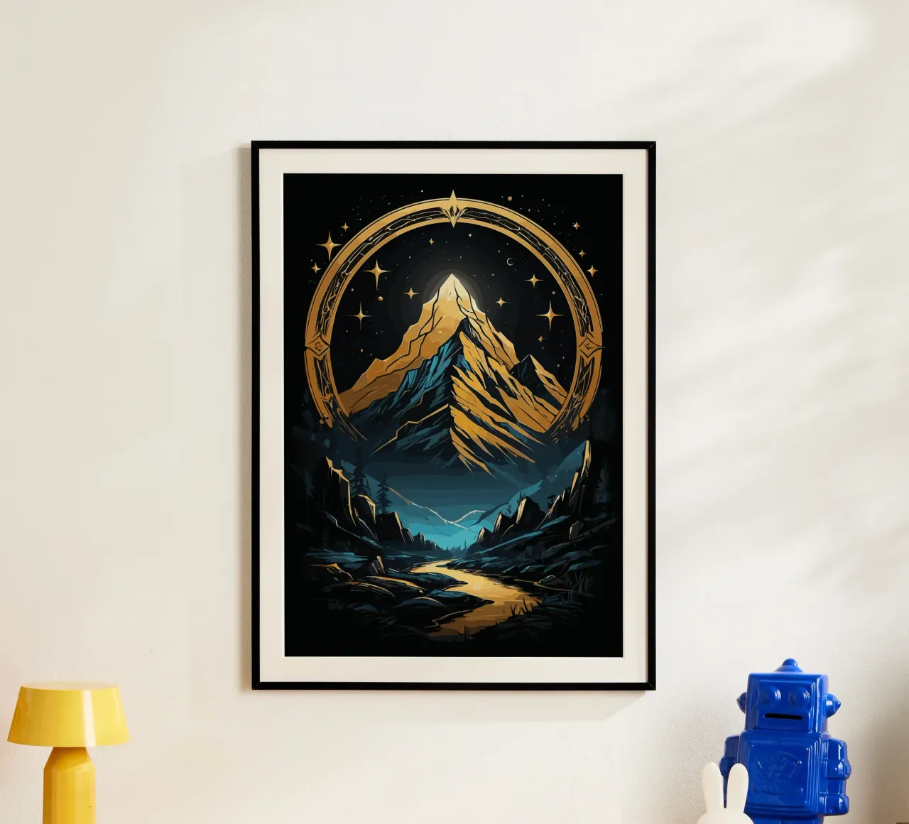 Paesaggio montano dorato con cornice celeste poster con telaio in legno da LM2KONE