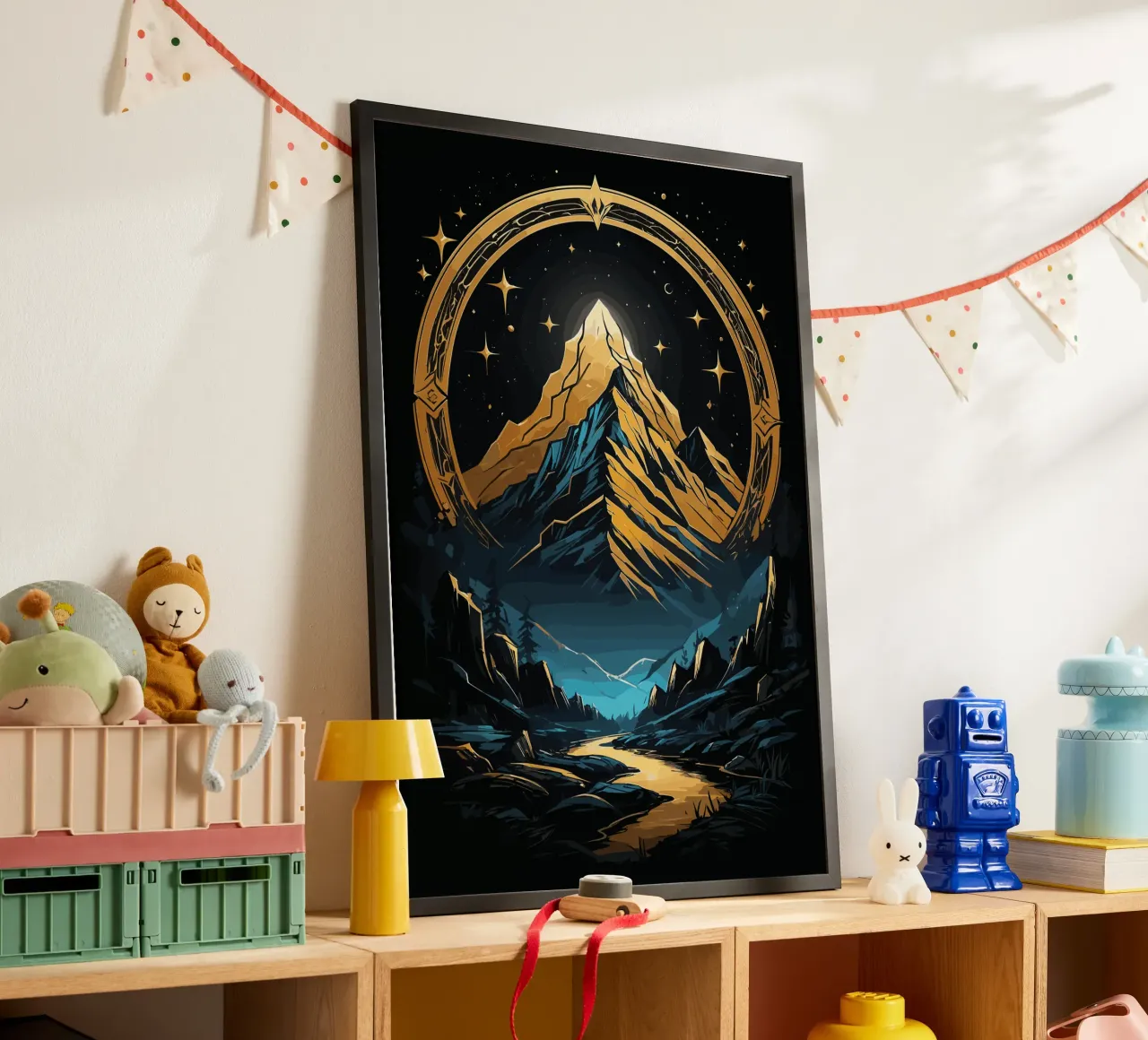 Paesaggio montano dorato con cornice celeste poster con telaio in legno da LM2KONE