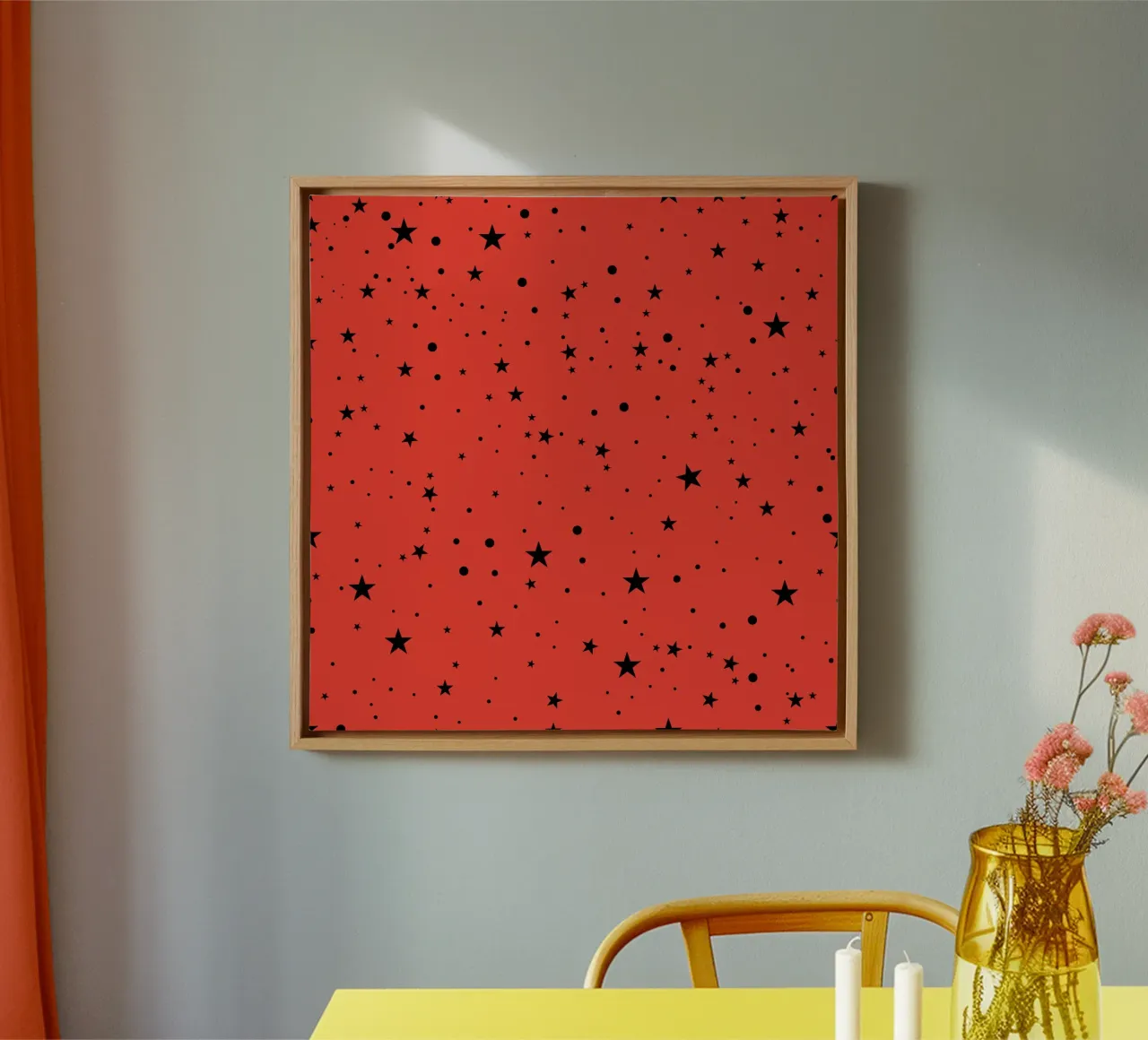 Seamless black stars with red background canvas with Floater frame by gulsengunel