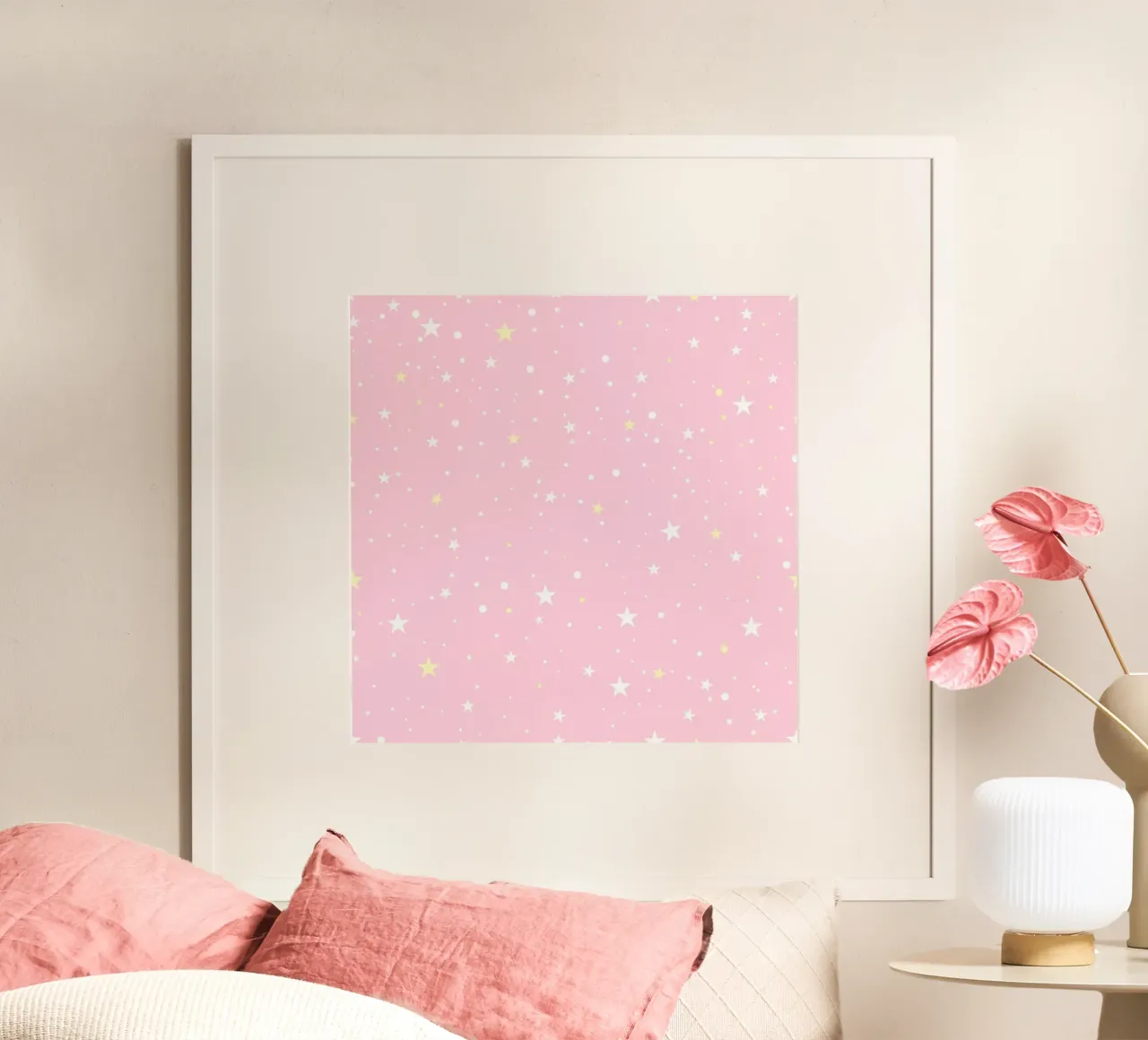 Naadloze witte gele sterren met lichtroze achtergrond poster met kunststof frame van gulsengunel
