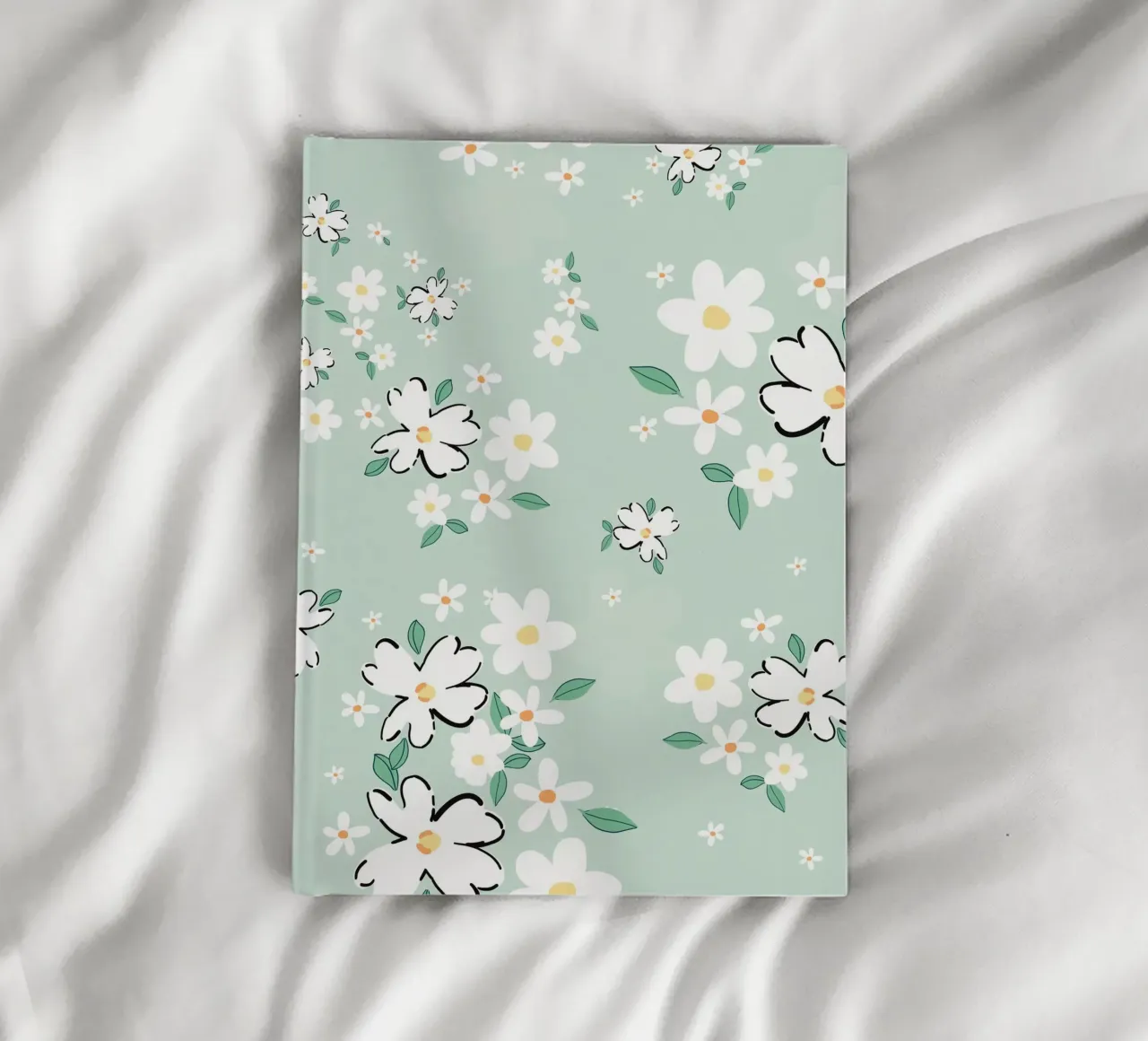 Daisies seamless fabric design pattern green background notebook by gulsengunel