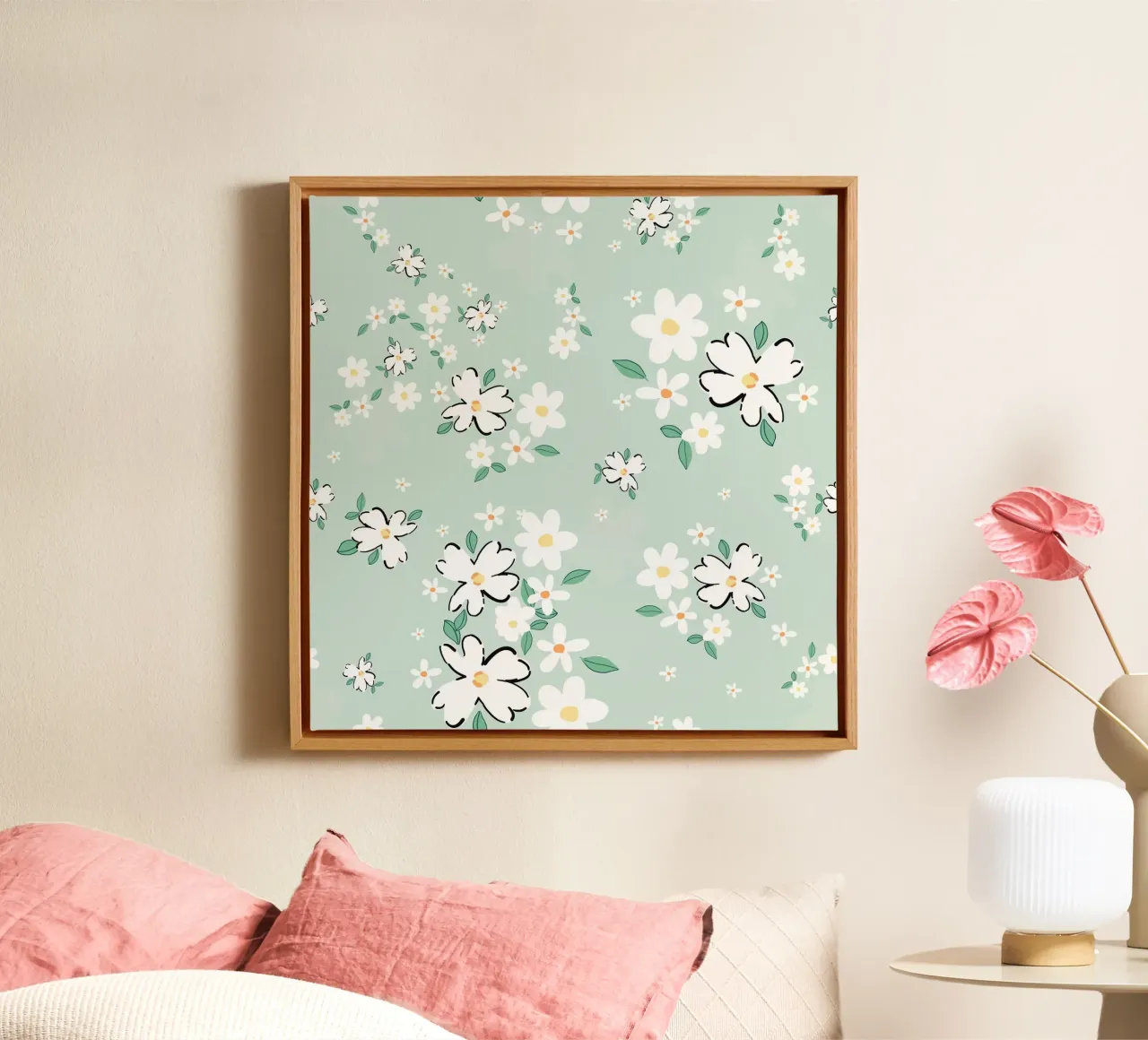 Daisies seamless fabric design pattern green background canvas with Floater frame by gulsengunel