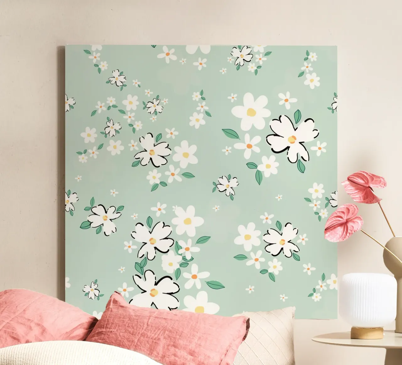 Daisies seamless fabric design pattern green background canvas with Floater frame by gulsengunel