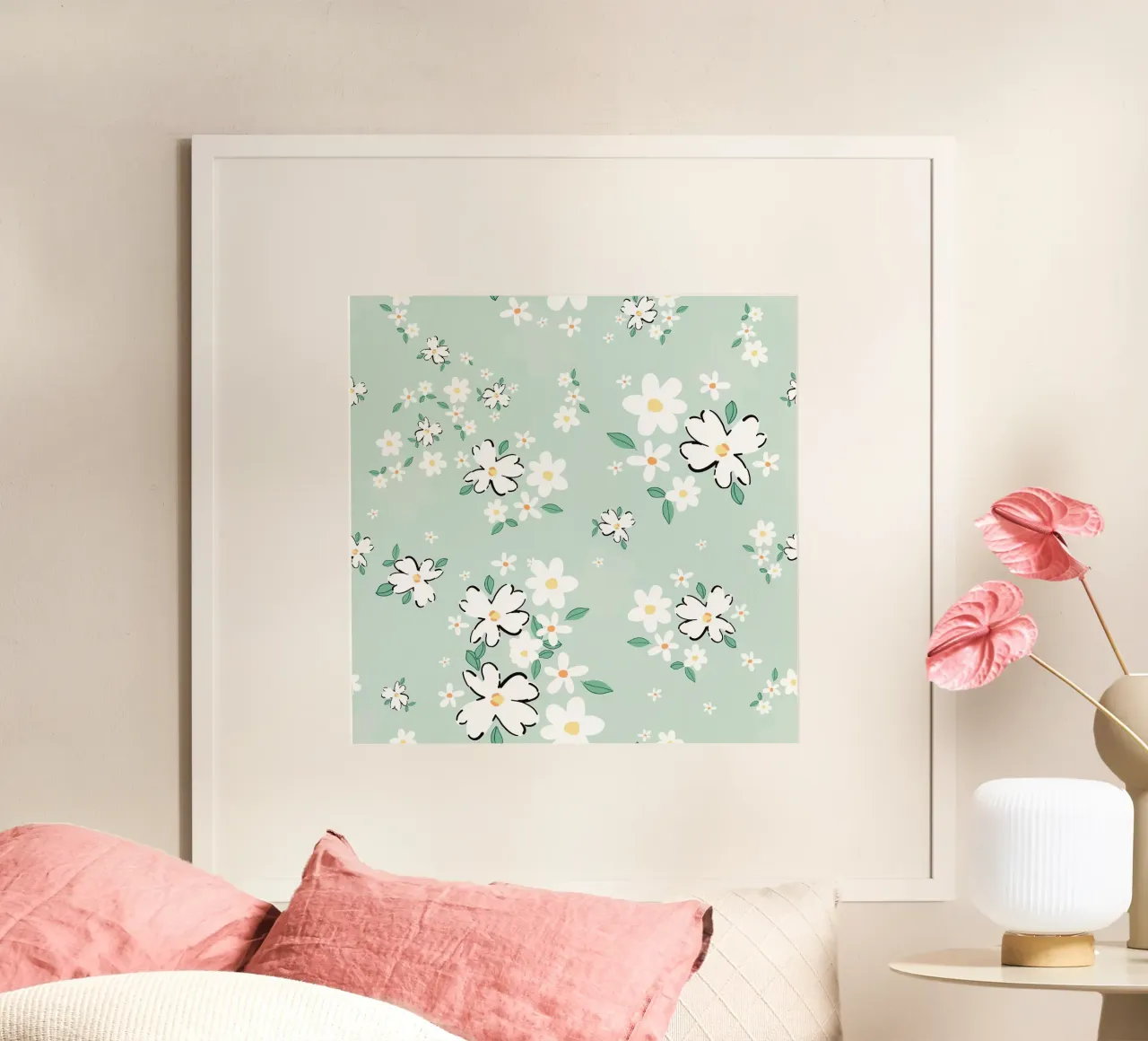 Daisies seamless fabric design pattern green background poster with wooden frame by gulsengunel