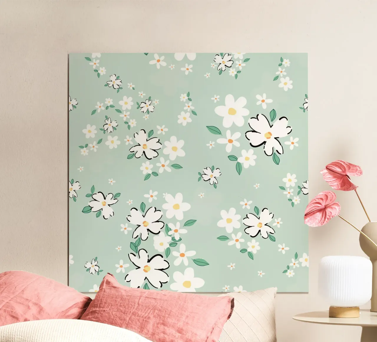 Daisies seamless fabric design pattern green background poster with wooden frame by gulsengunel