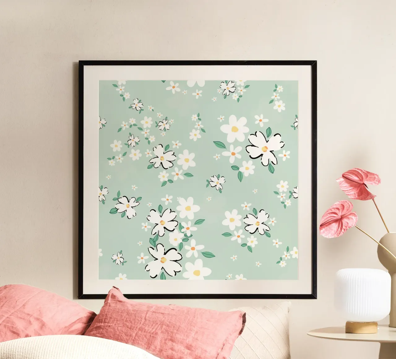 Daisies seamless fabric design pattern green background poster with wooden frame by gulsengunel