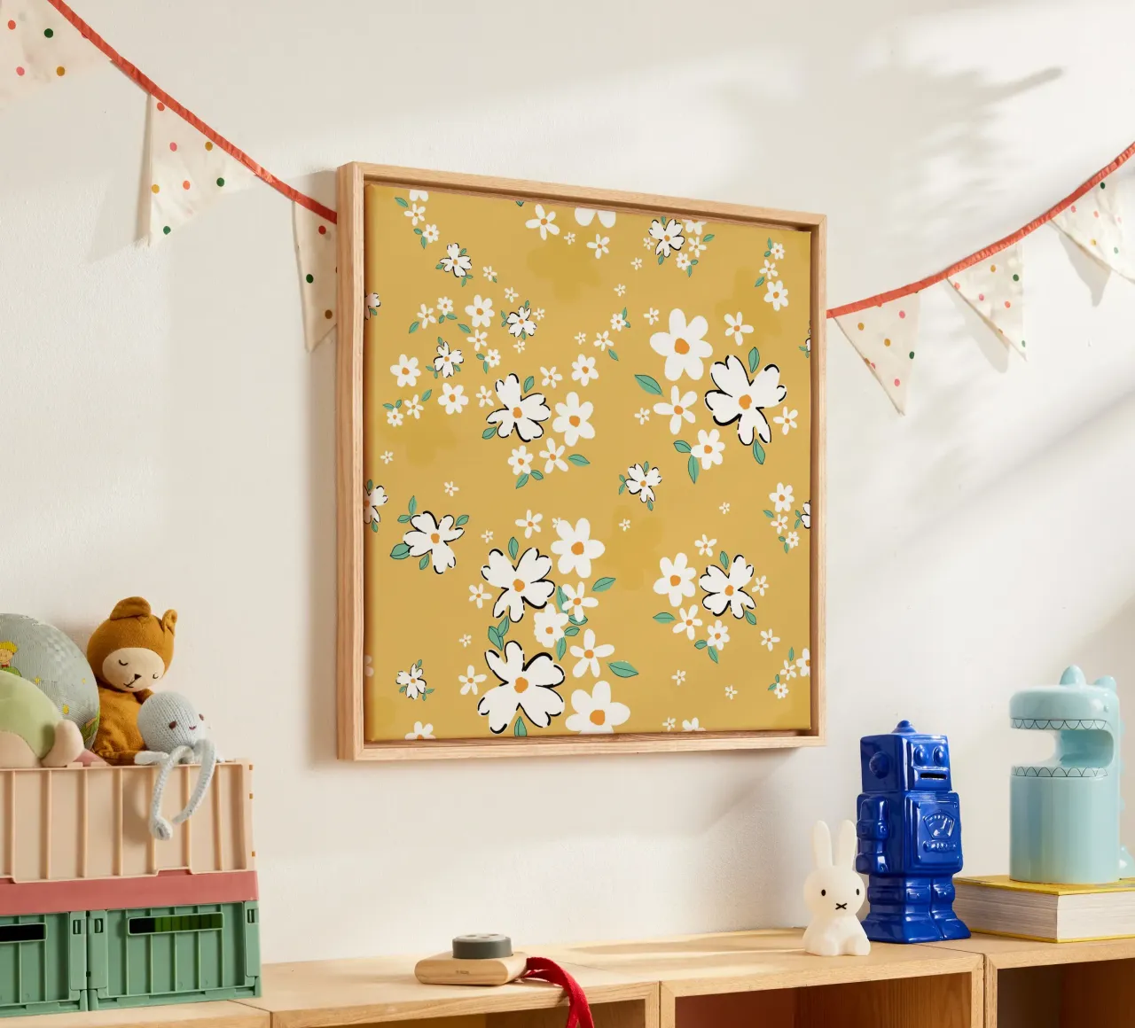 Daisies seamless fabric design pattern green background canvas with Floater frame by gulsengunel