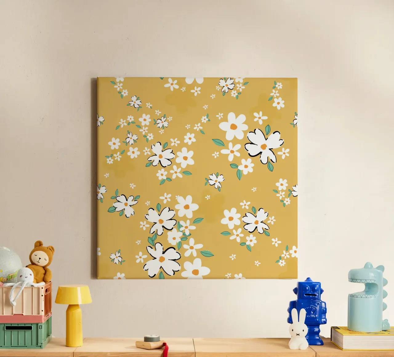 Daisies seamless fabric design pattern green background canvas with Floater frame by gulsengunel