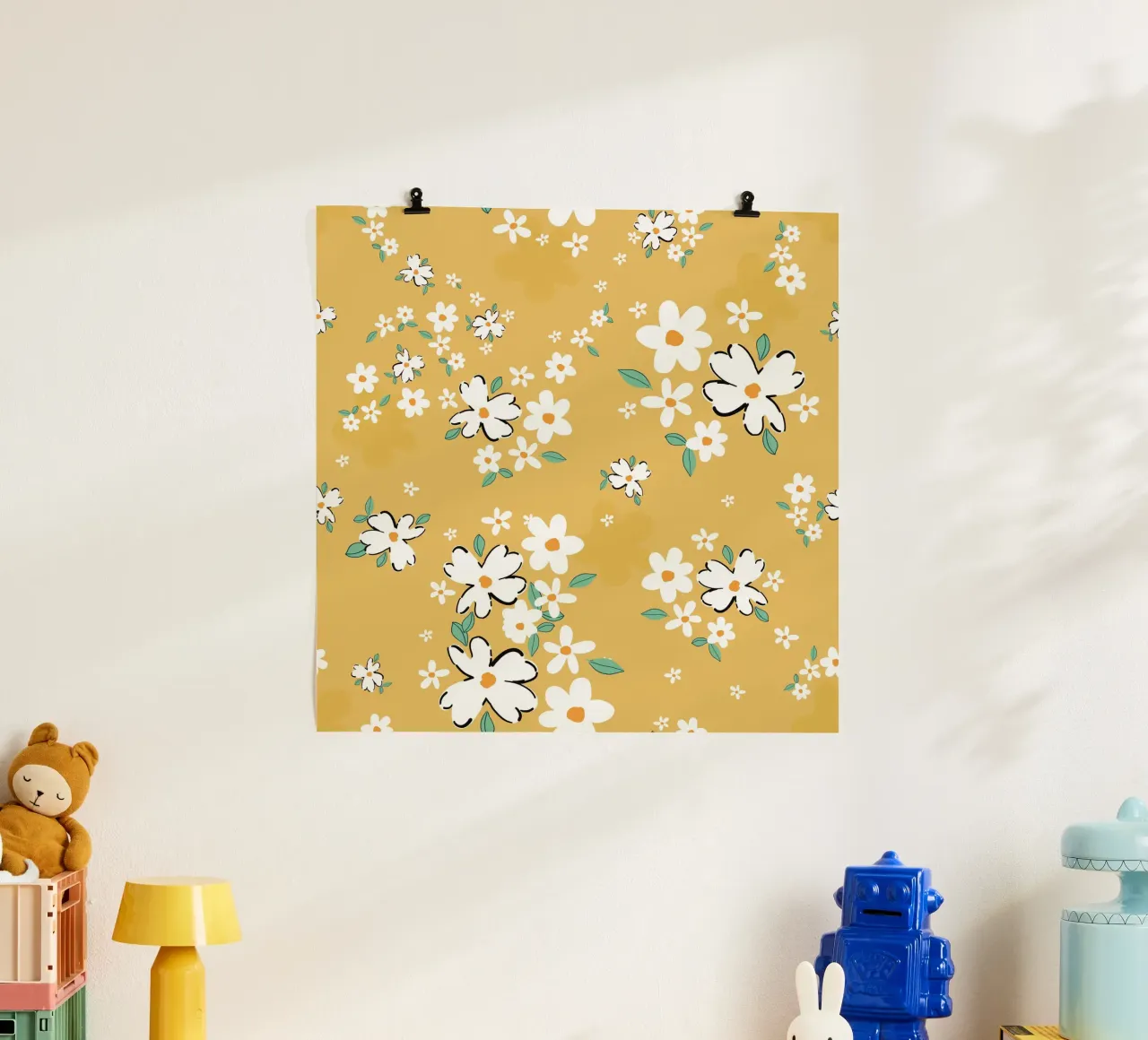 Daisies seamless fabric design pattern green background poster by gulsengunel