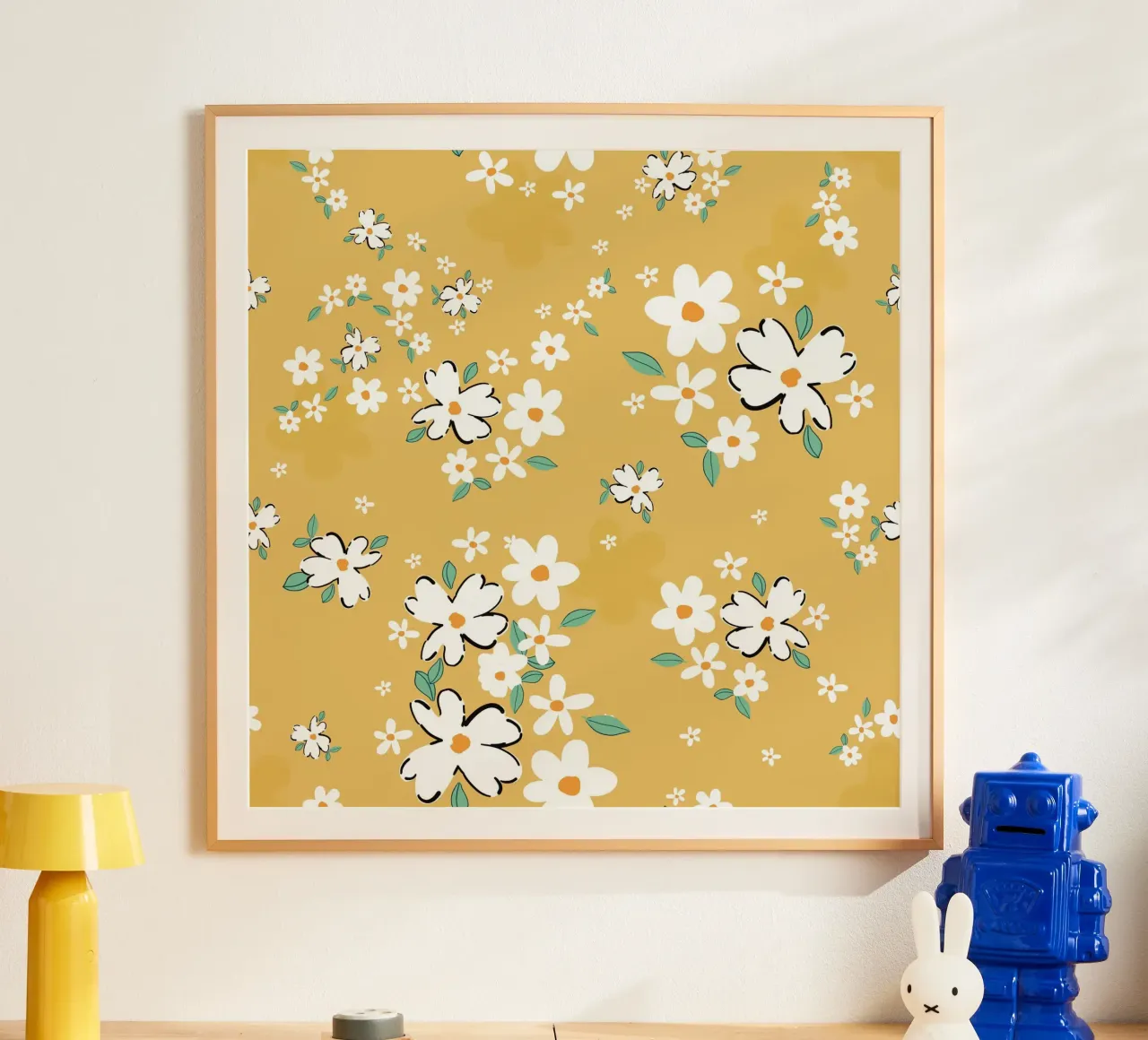 Daisies seamless fabric design pattern green background poster by gulsengunel