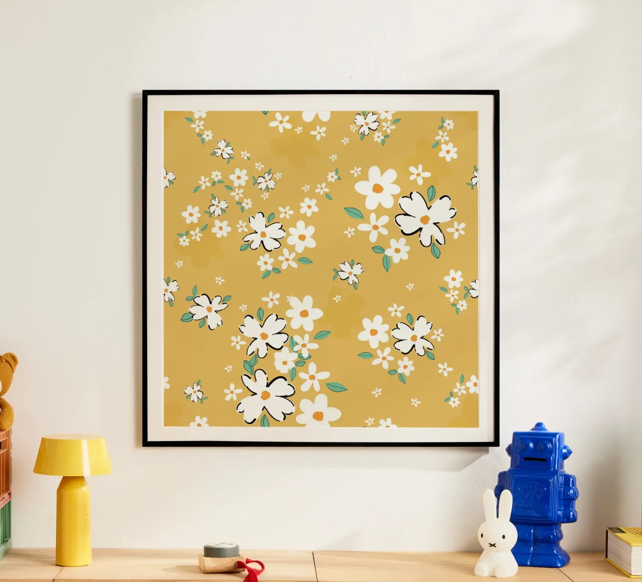 Daisies seamless fabric design pattern green background poster by gulsengunel