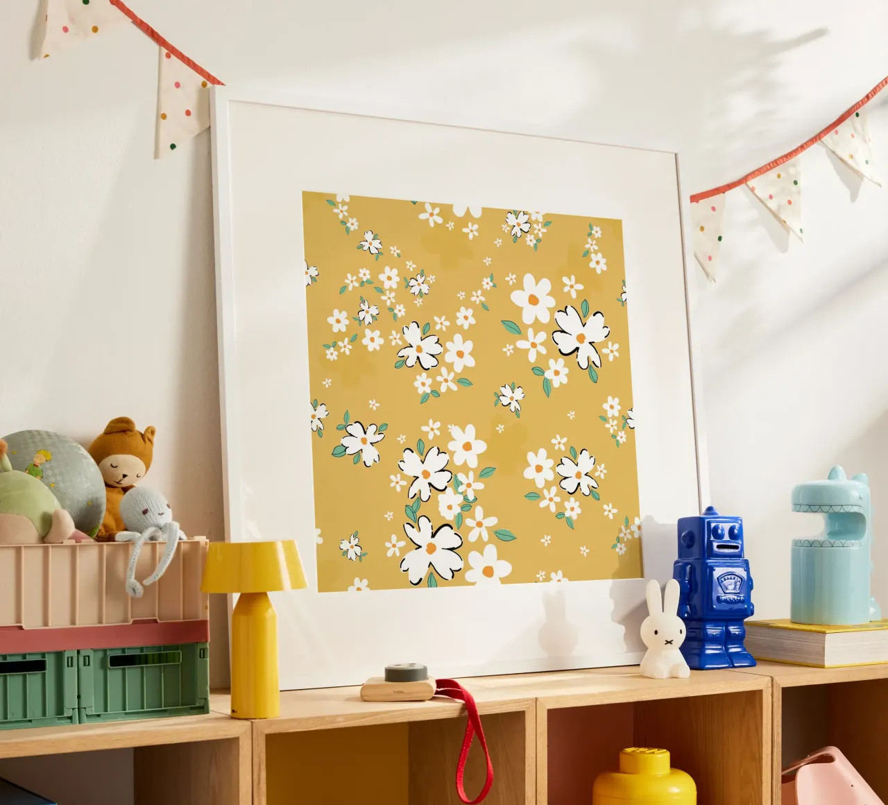 Daisies seamless fabric design pattern green background poster by gulsengunel