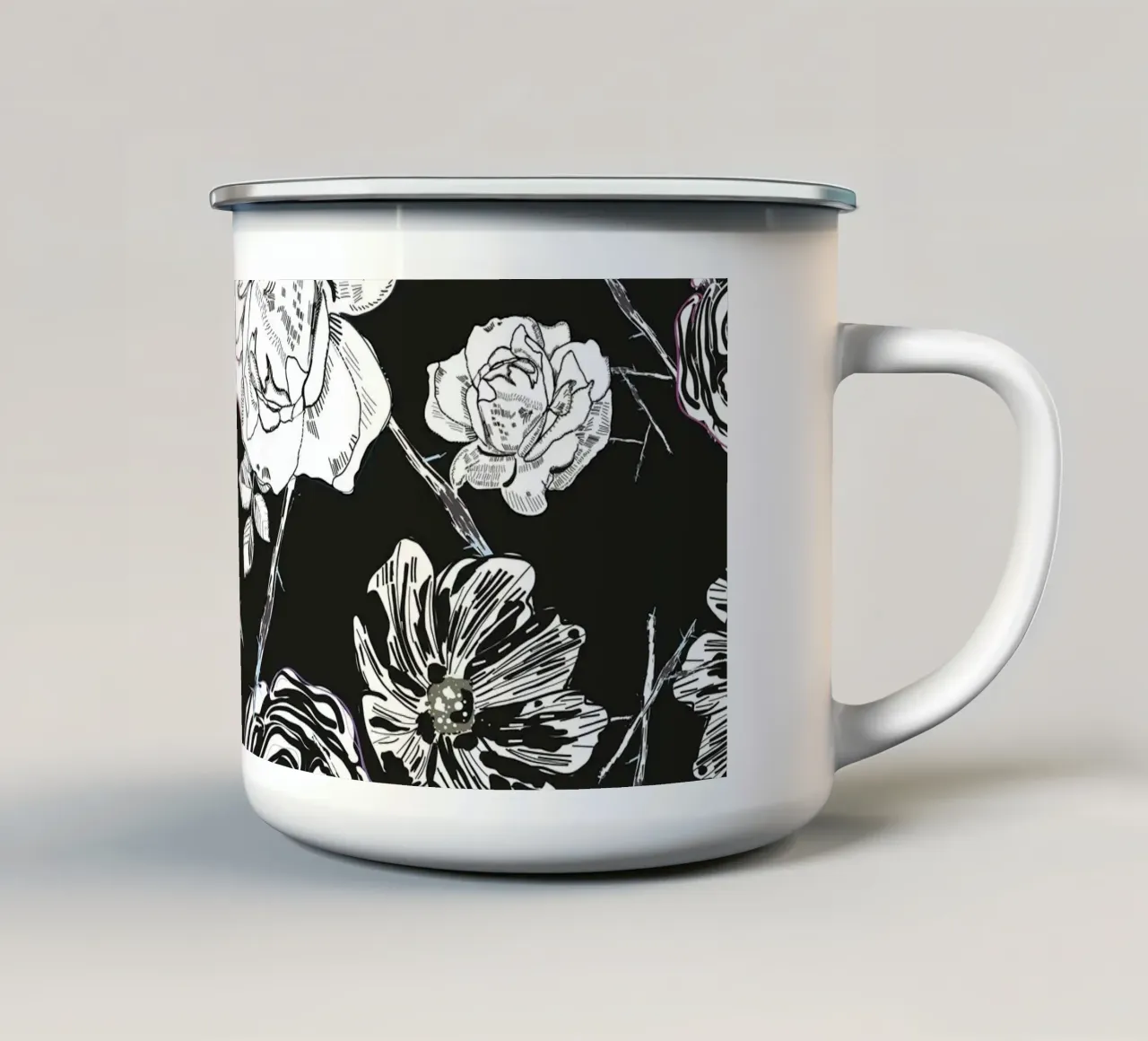 Rose peonie bianche e nere tazza in smalto da gulsengunel