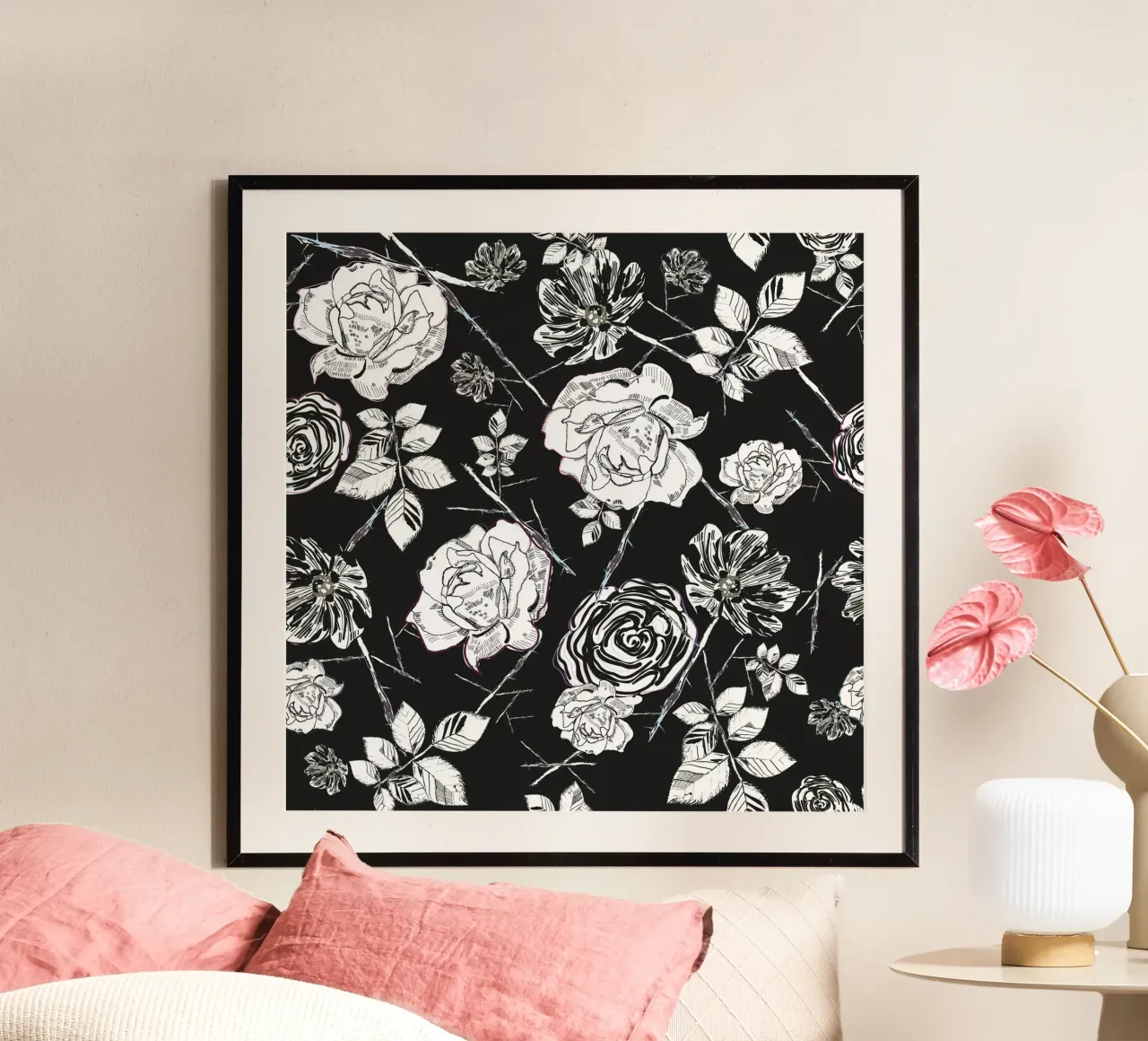 Rose peonie bianche e nere poster da gulsengunel