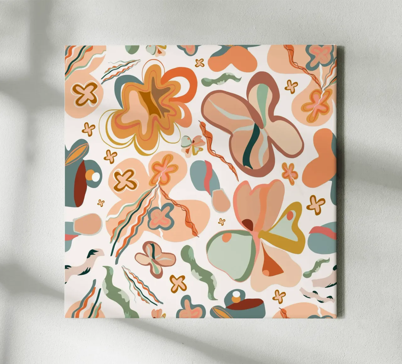 Terra cotta abstract bloemenpatroon canvas met Baklijst van gulsengunel