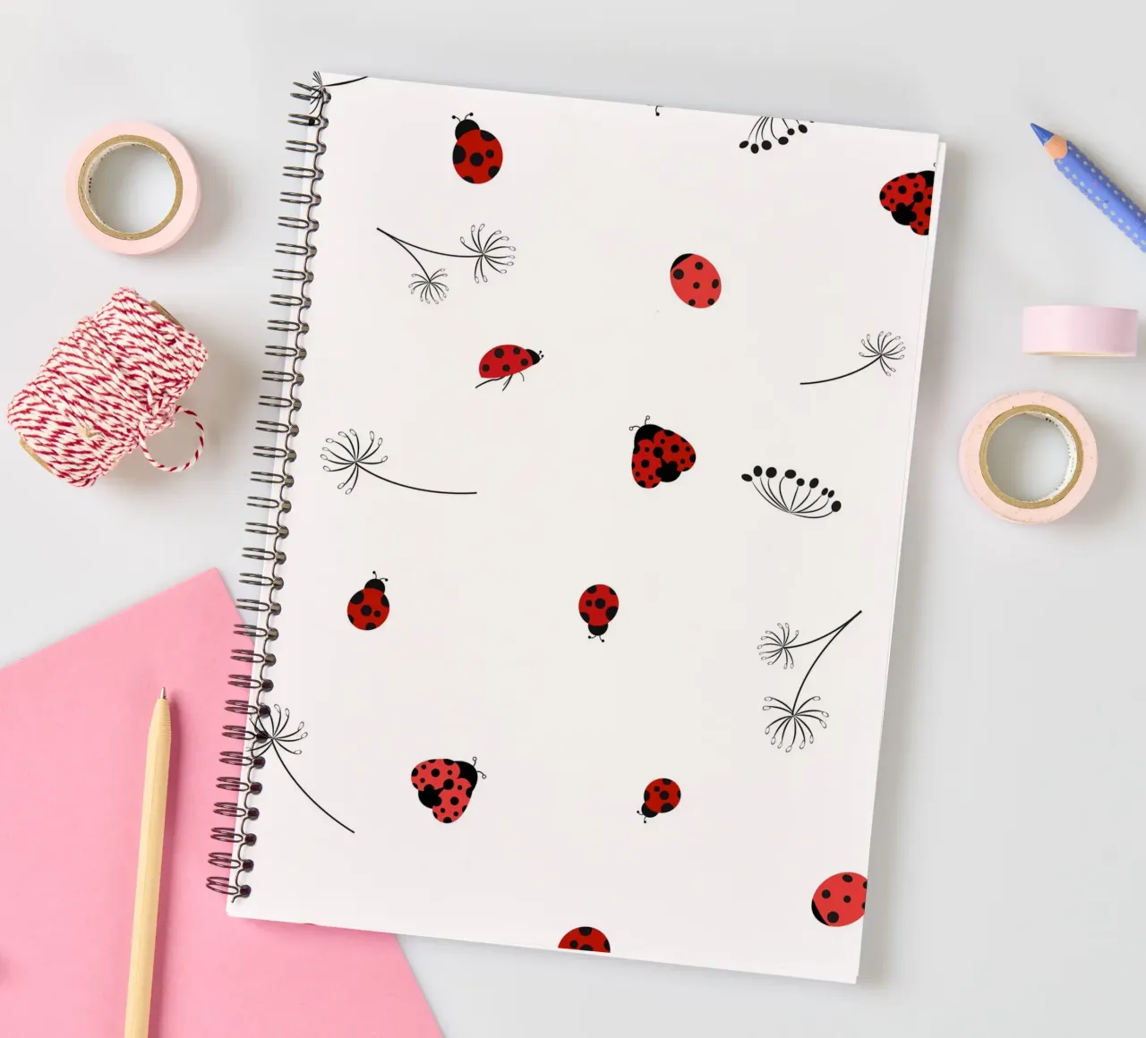 Lady bug and dandelion pattern spiral notebook by gulsengunel