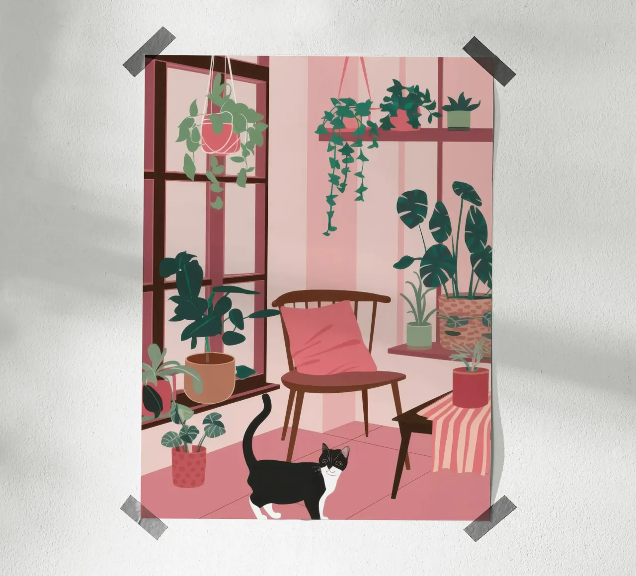 Camera rosa con gatto poster con telaio in alluminio da Nova Glaze