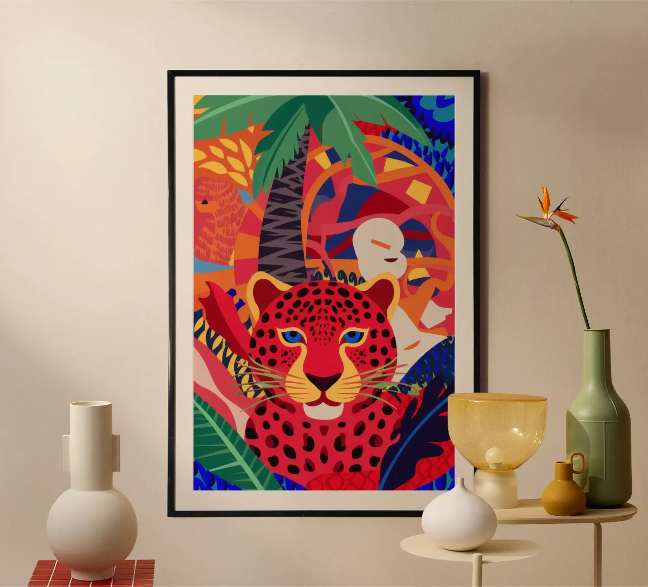 Sguardo del leopardo cremisi poster con telaio in legno da Scaller Stars