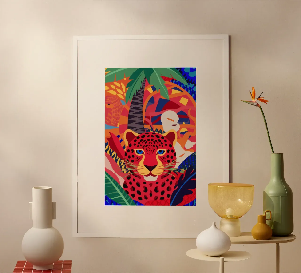 Sguardo del leopardo cremisi poster con telaio in legno da Scaller Stars