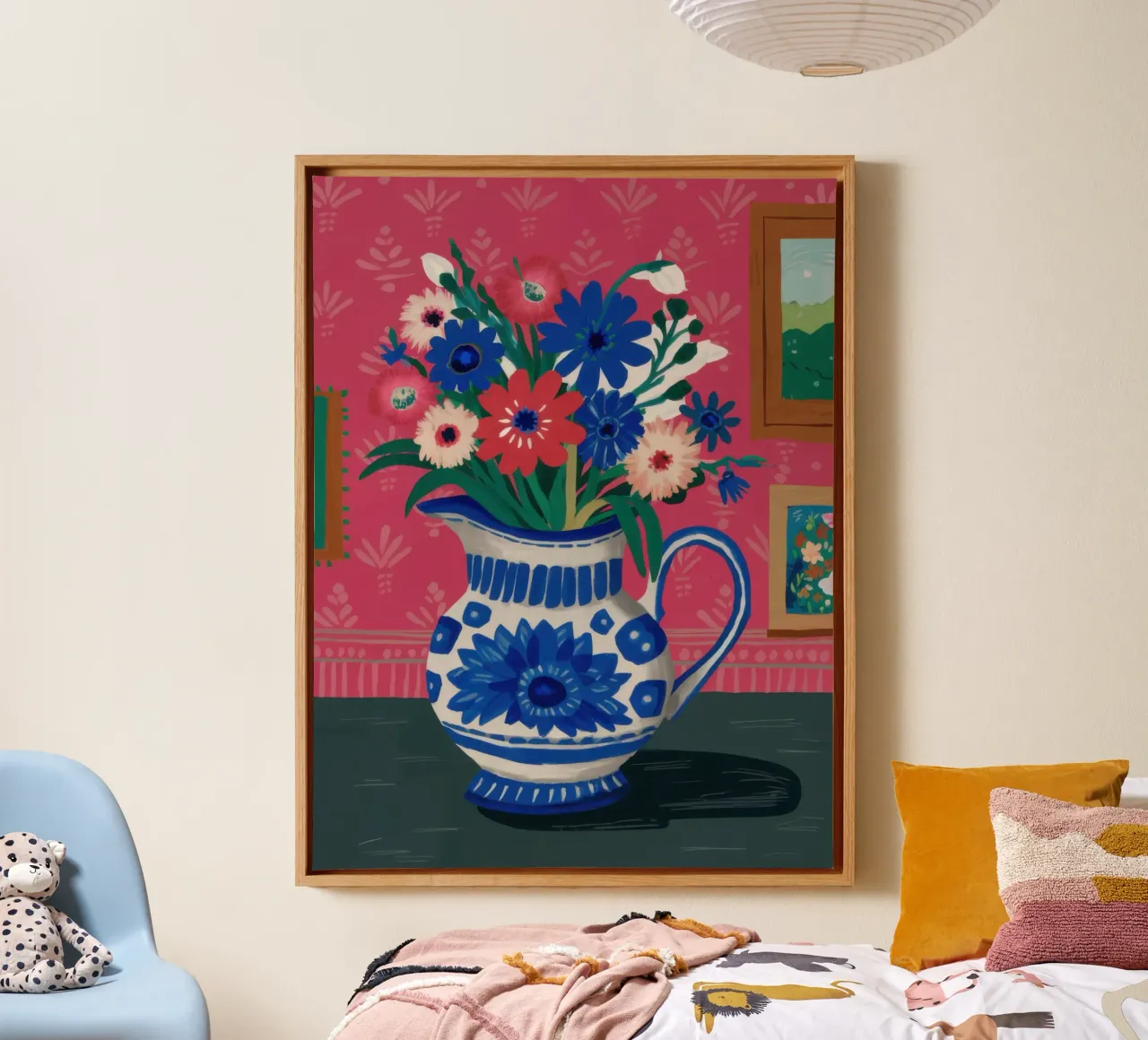 Blauer Krug voller Blüten Leinwand mit Schattenfugenrahmen von Nova Glaze