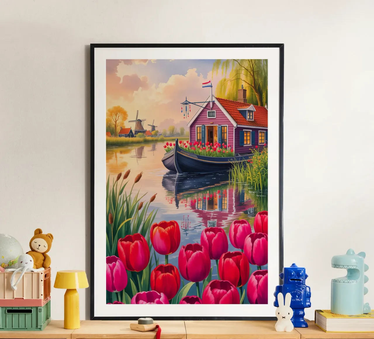 House on the Lake With Garden Flower poster con telaio in legno da Jeff Studio