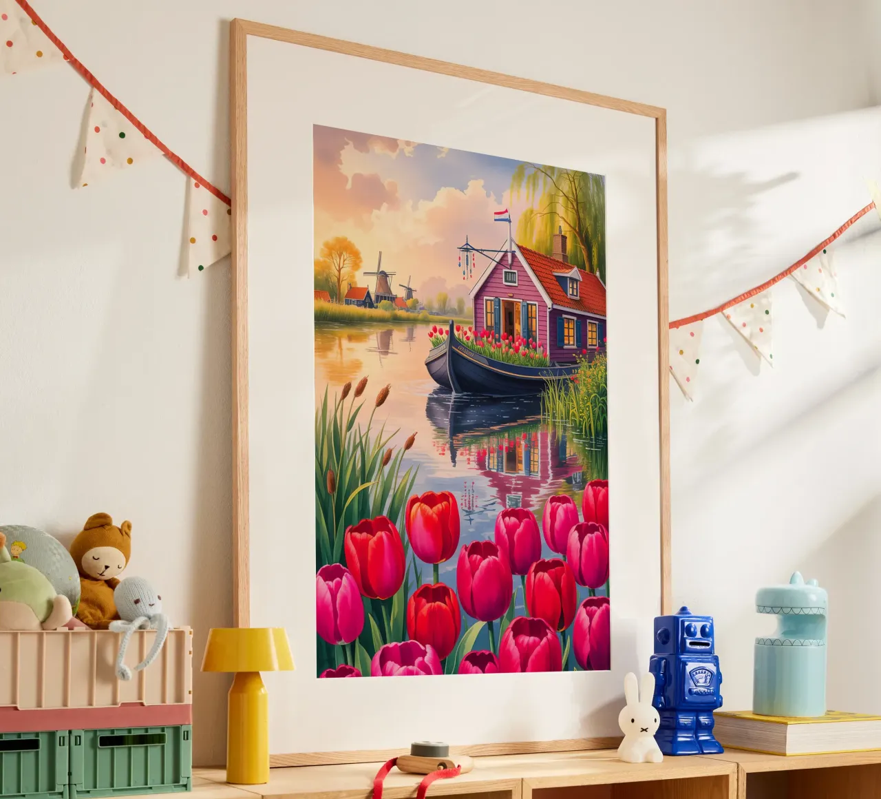 House on the Lake With Garden Flower poster con telaio in legno da Jeff Studio