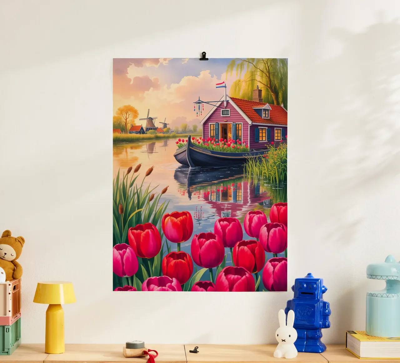 House on the Lake With Garden Flower poster con telaio in legno da Jeff Studio