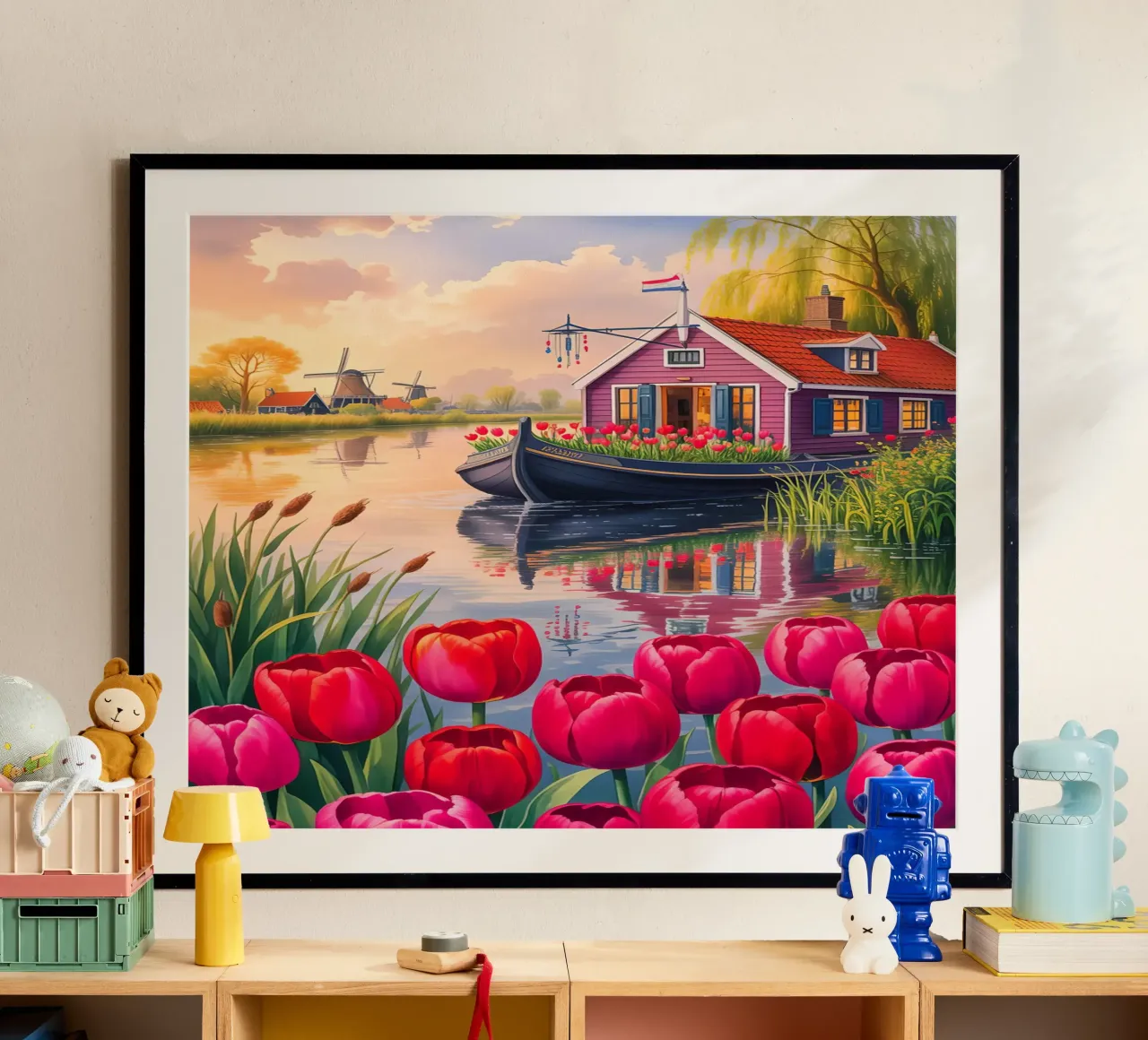 House on the Lake With Garden Flower poster con telaio in legno da Jeff Studio