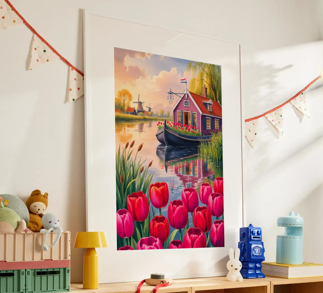 House on the Lake With Garden Flower poster con telaio in legno da Jeff Studio