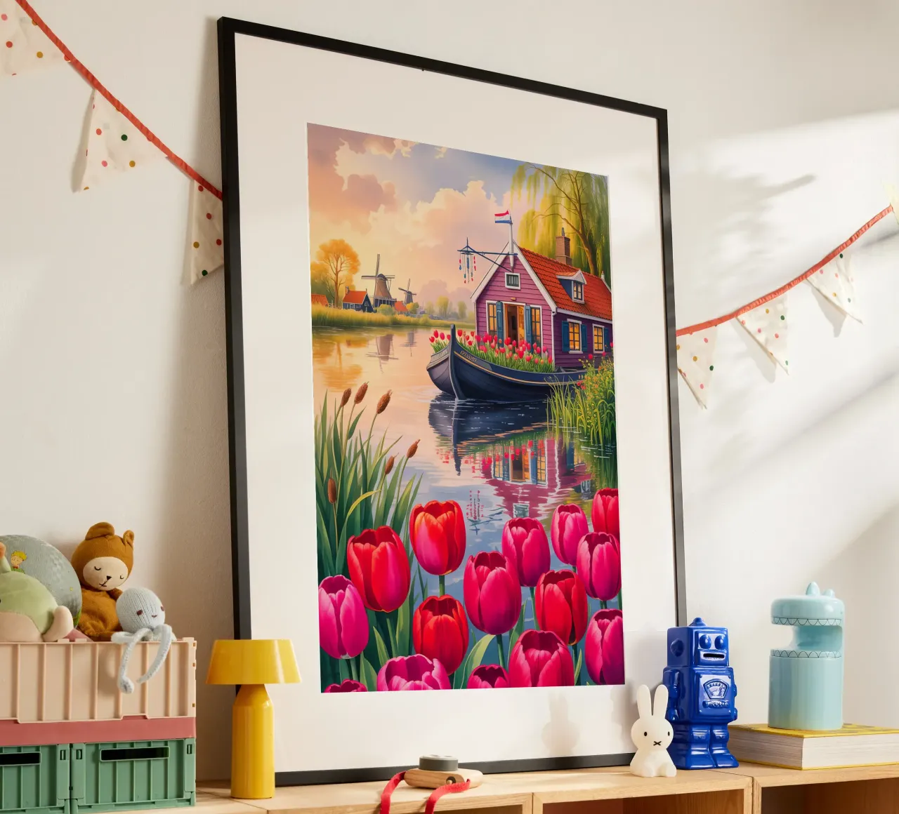 House on the Lake With Garden Flower poster con telaio in legno da Jeff Studio