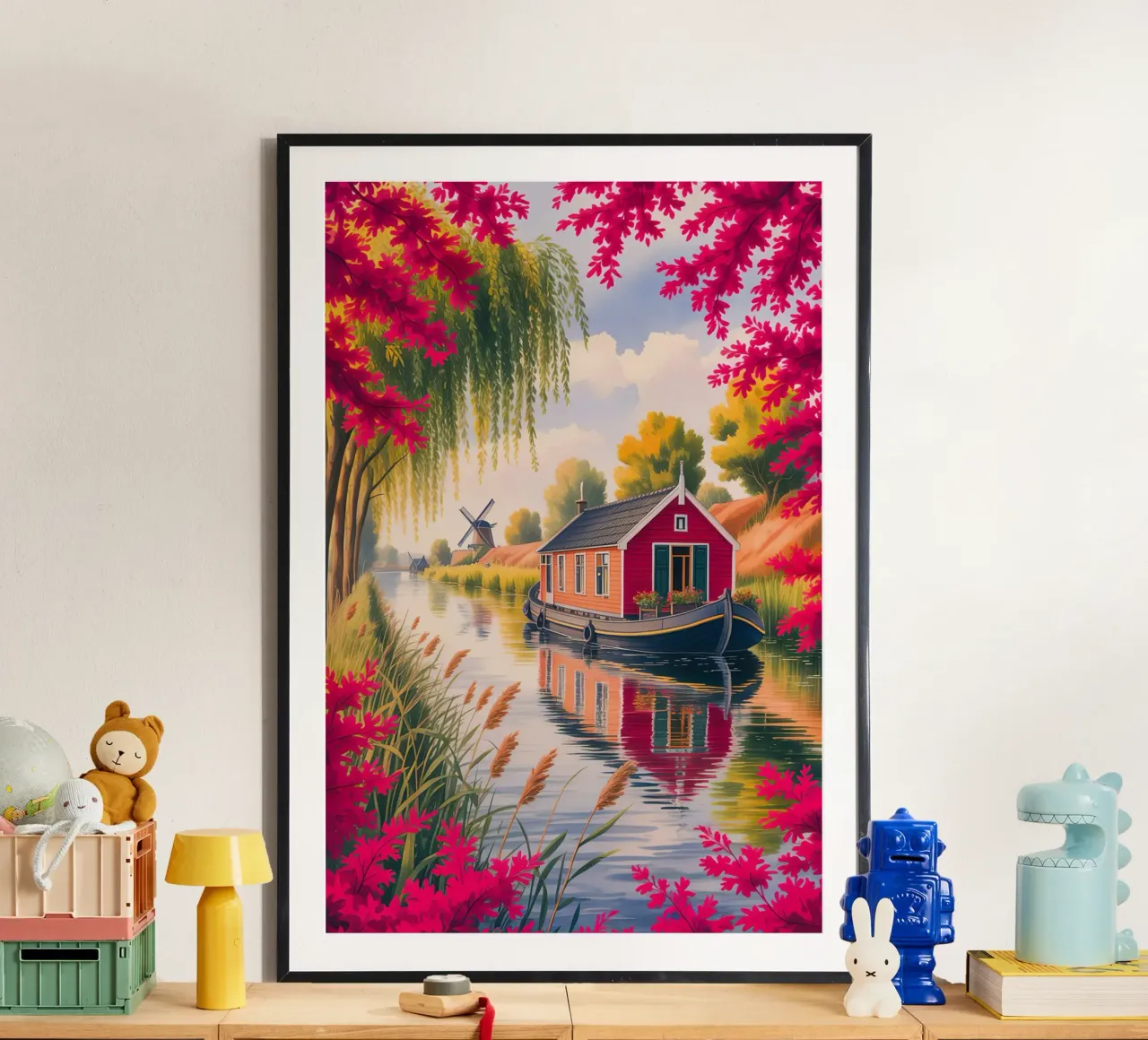 House On The Lake With Garden Flower poster con telaio in legno da Jeff Studio