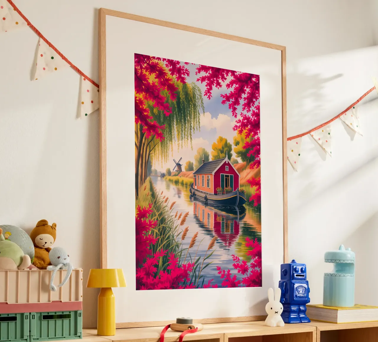House On The Lake With Garden Flower poster con telaio in legno da Jeff Studio
