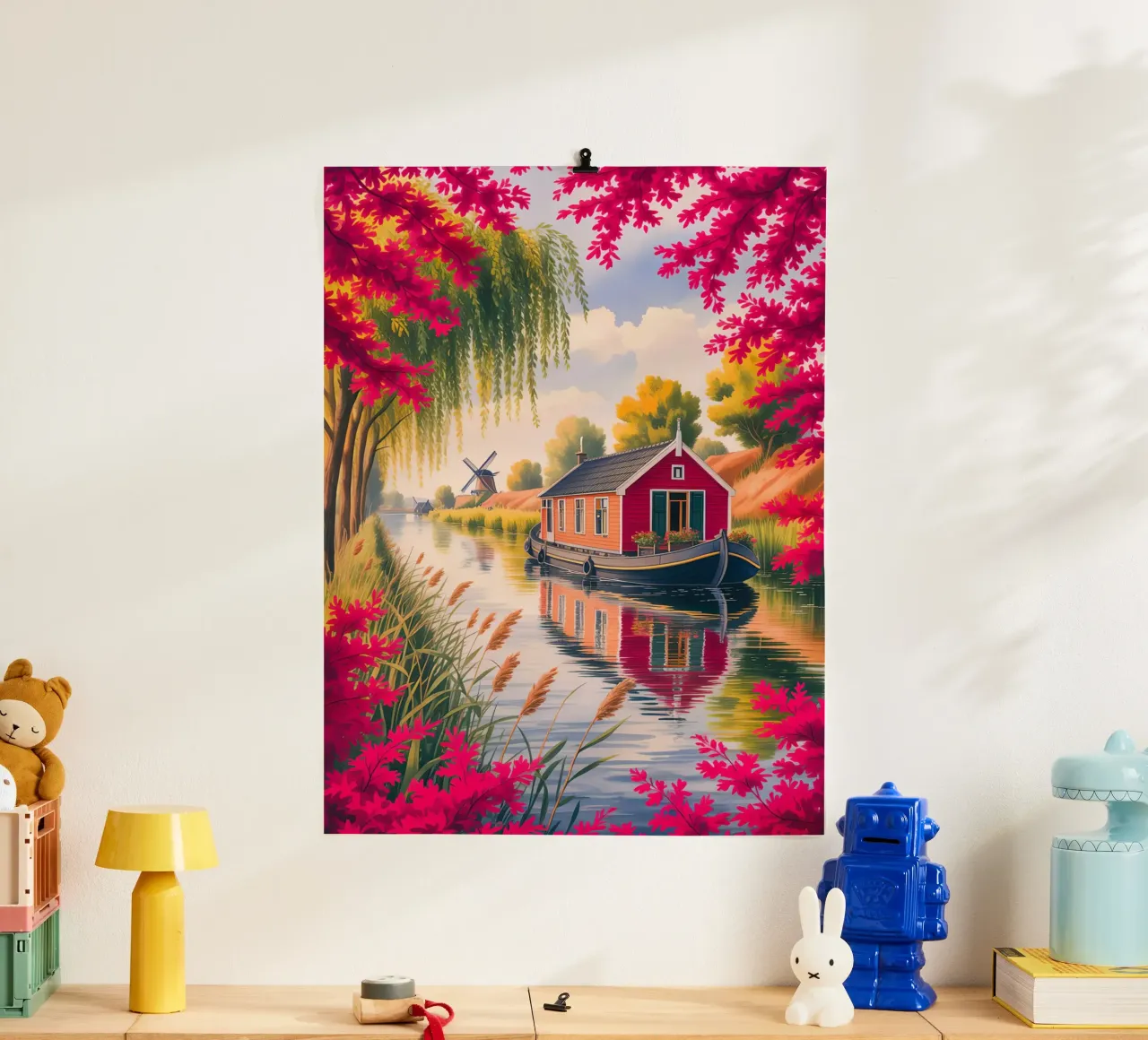 House On The Lake With Garden Flower poster con telaio in legno da Jeff Studio