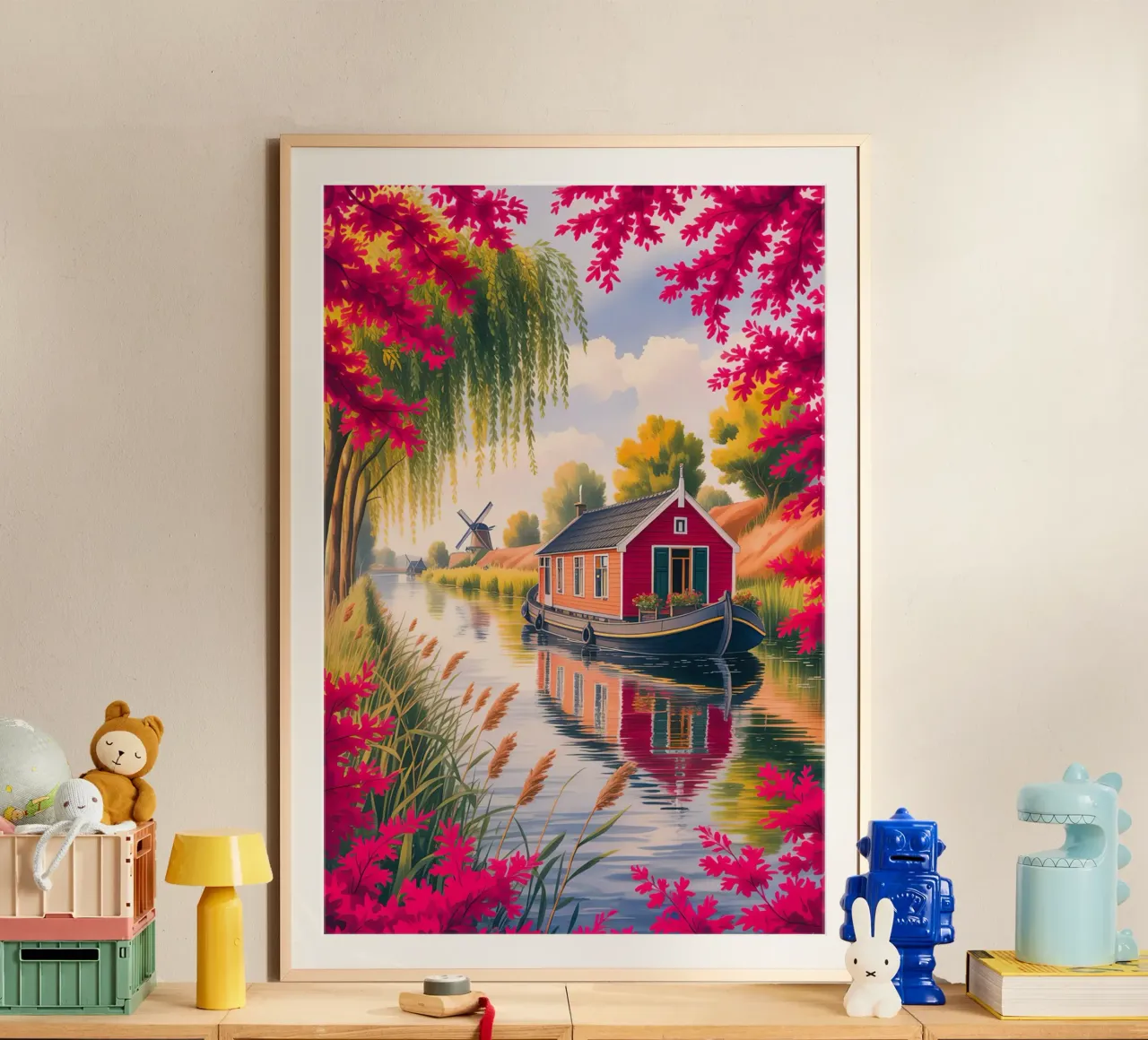 House On The Lake With Garden Flower poster con telaio in legno da Jeff Studio